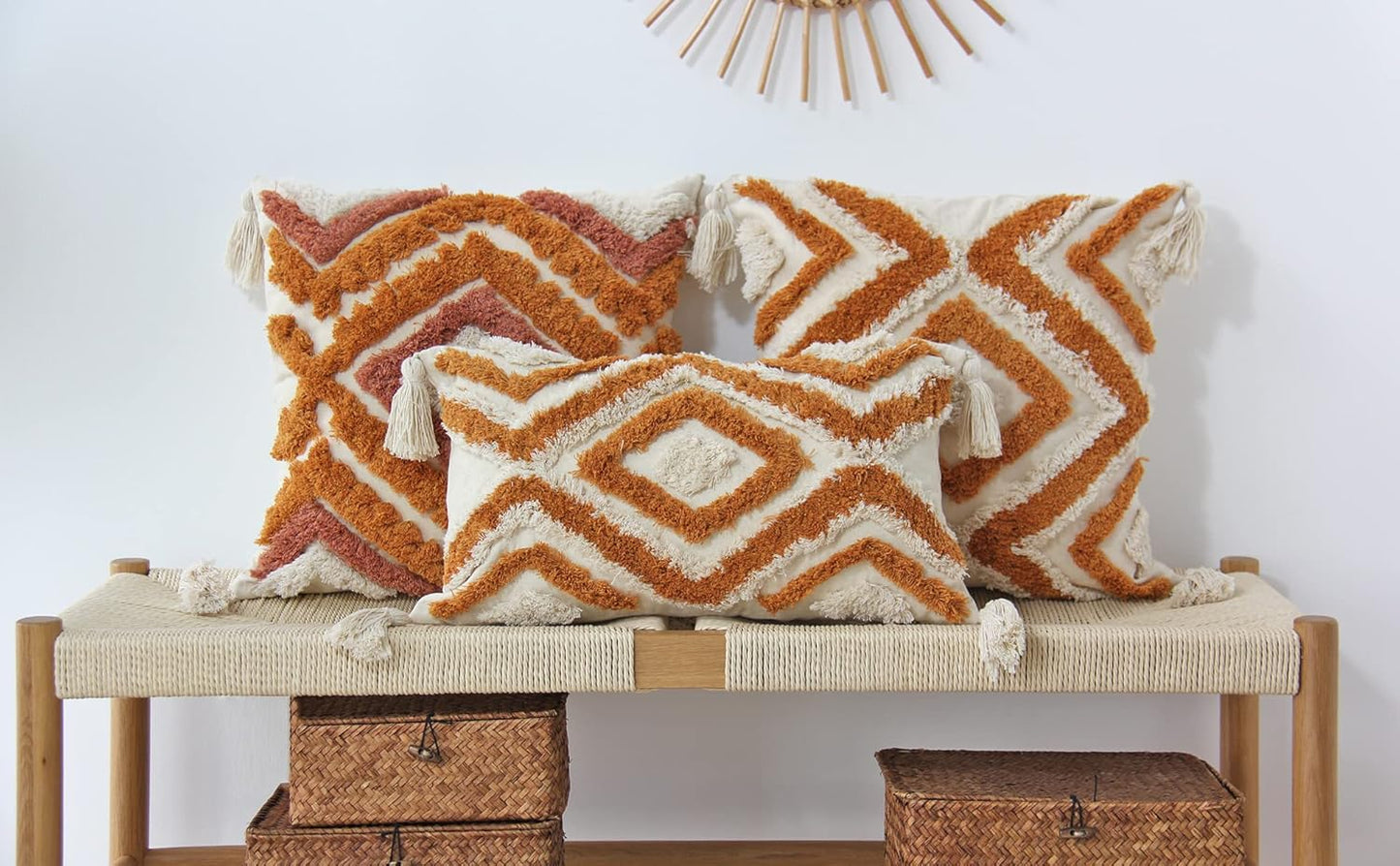Boho Lumbar Throw Pillow Covers with Handmade Tassels Decorative Woven Tufted Orange Pillowcase for Couch Bedroom 12 X 20 Inch Orange B