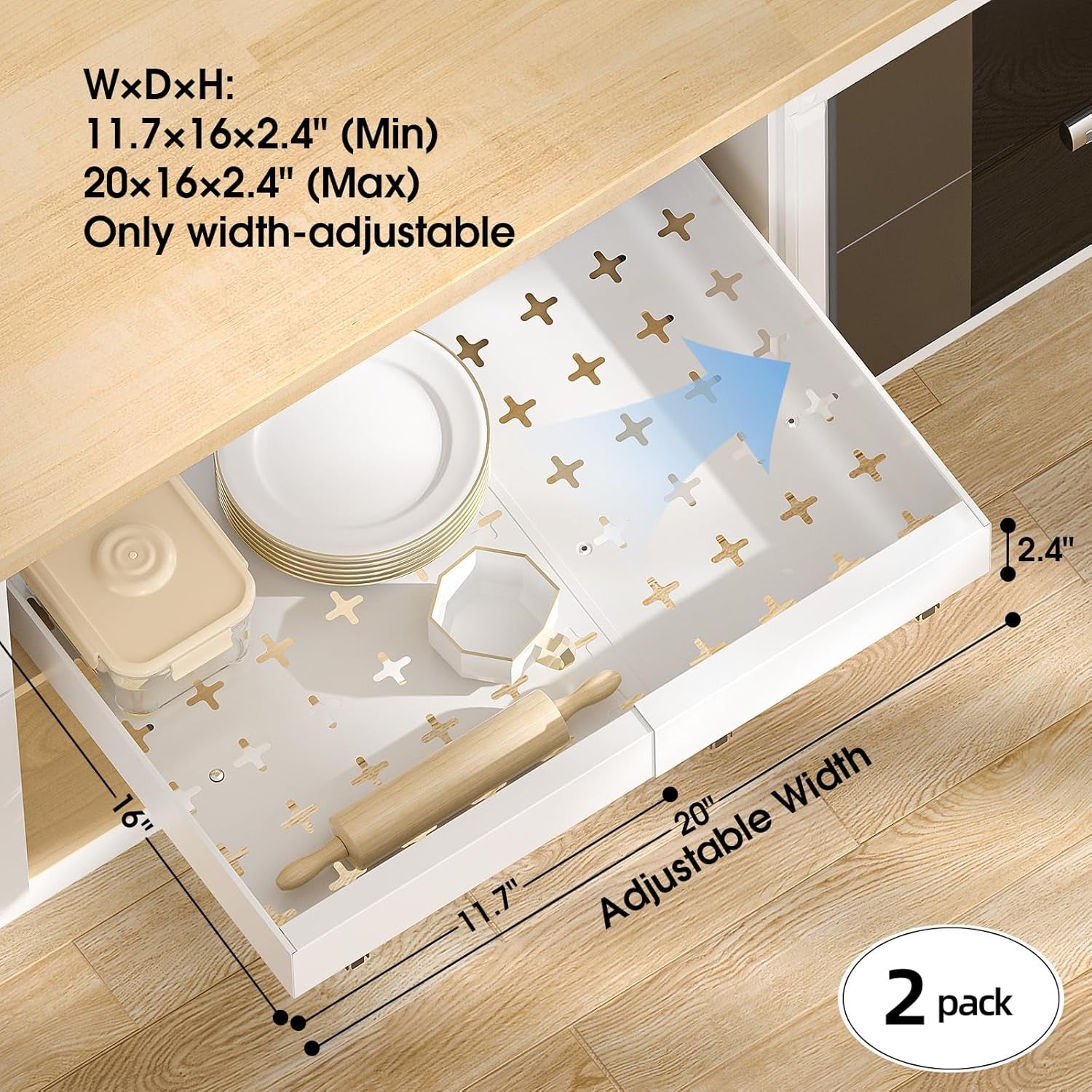 2 Pack 16" Deep Pull Out Cabinet Organizer with 6 Dividers, Expandable (11.7" -20" W) Pull Out Drawers for Cabinets, Cabinet Trays Pull Out for Cabinets in Kitchen, Pantry or Bathroom