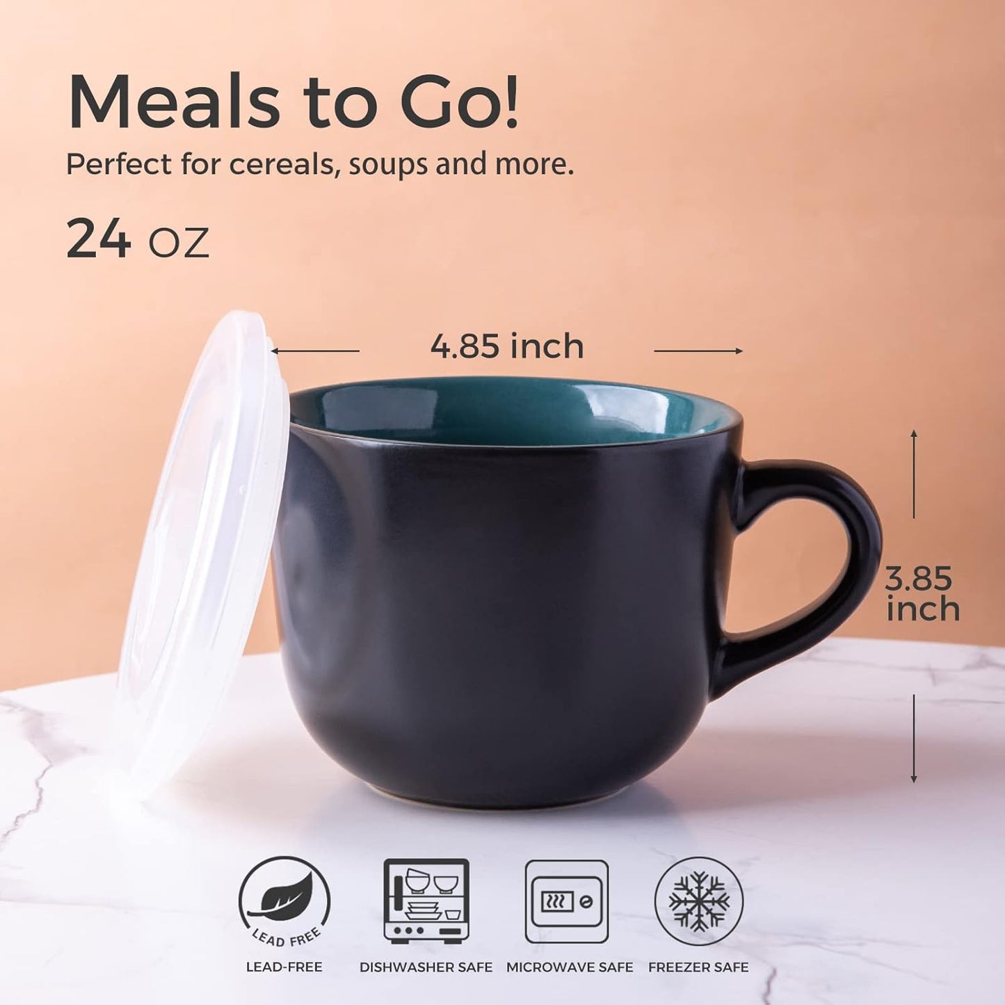 Ceramic Soup Mugs with Vented Lids, 24 Oz Multi-Color Set of 4, Ideal for Soup, Coffee, Cereal, Salad, and Noodles, Microwave and Dishwasher Safe