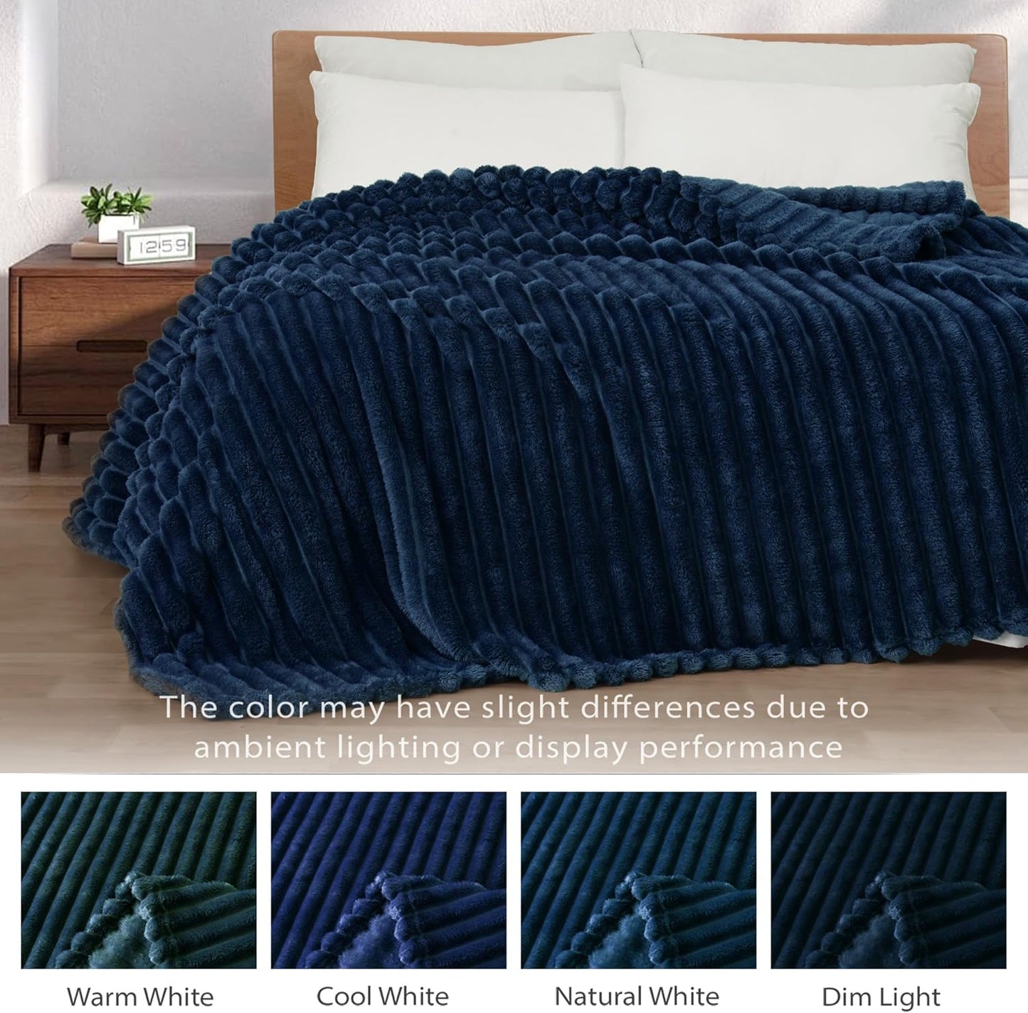 Super Soft Striped Jacquard Fleece Throw Blanket for Couch, Lightweight Cozy Blanket for All Seasons, 50x60 Inches, Navy Blue