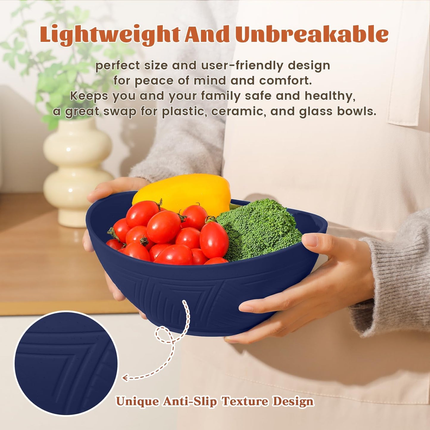 Wheat Straw Oval Serving Bowls, 9.6 Inches, Set of 4 - Dark Blue, 60 OZ Capacity, Microwave and Dishwasher Safe, Perfect for Salads, Popcorn, and Events