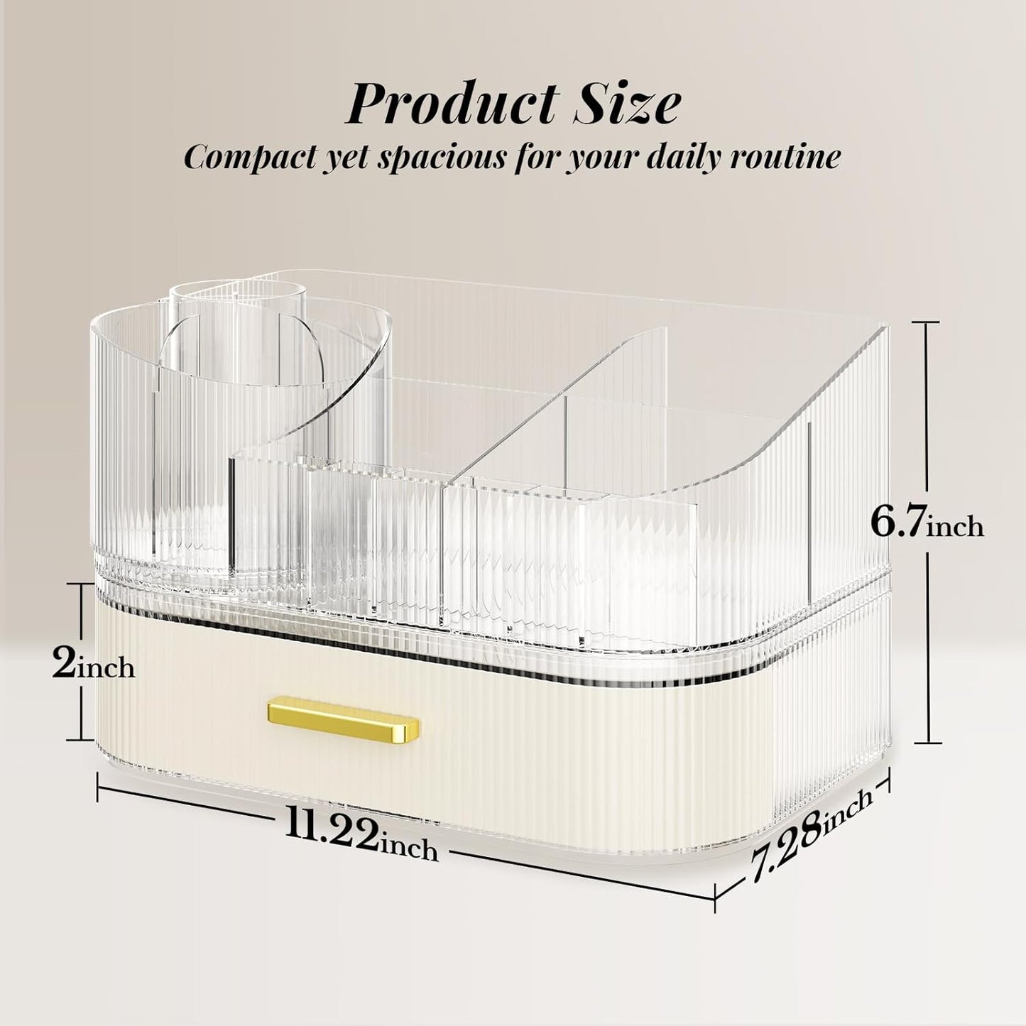 Makeup Organizer for Vanity with Stackable Drawers, 360 Rotating Makeup Brush Holder Large Cosmetic Display Case for Dresser, Bathroom Countertop Skincare Organizers and Storage, Elegant White