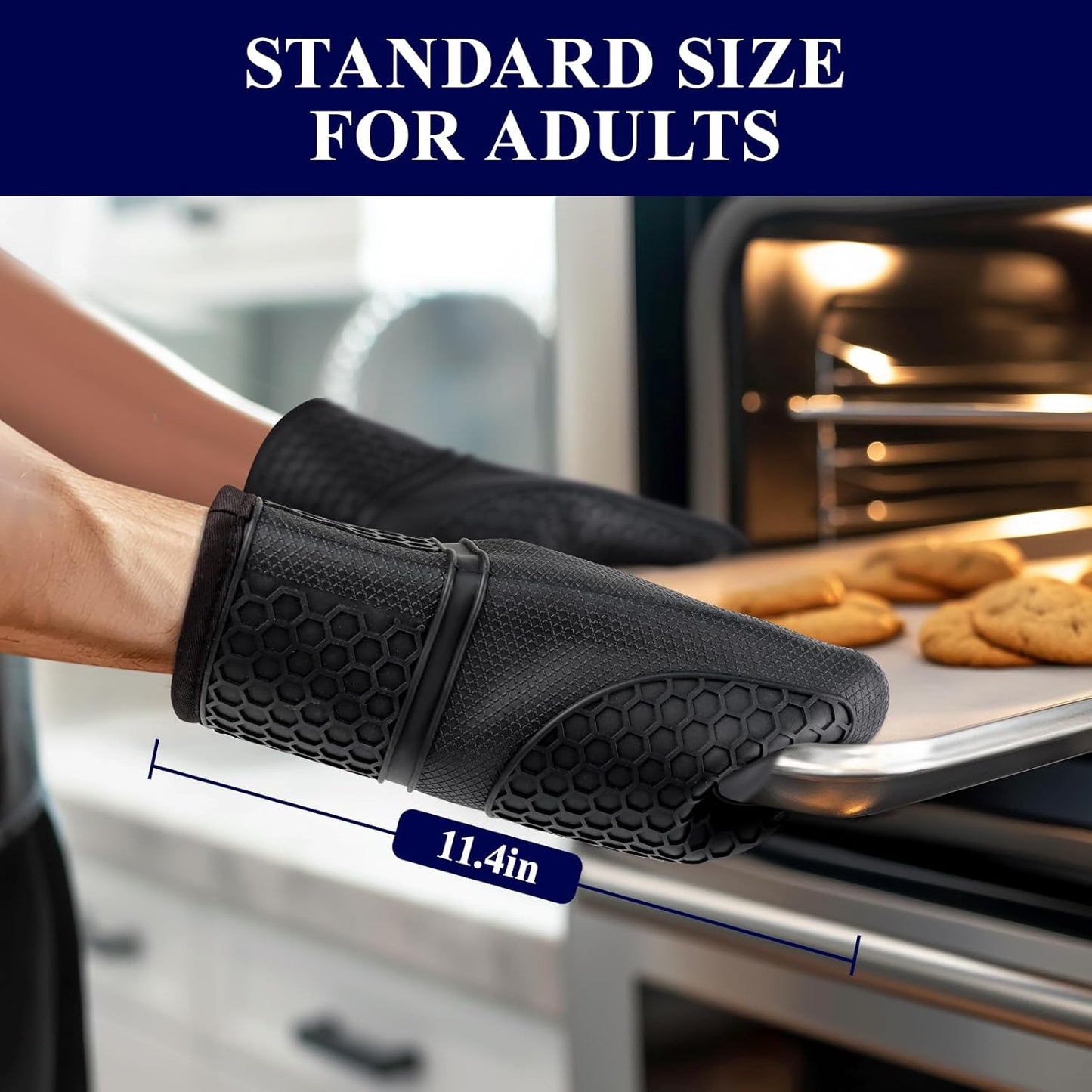 Silicone Oven Mitts, Set of 2, Heat Resistant, Oven Gloves with Soft Lining, Non-Slip Kitchen Essentials, Kitchen Gadgets, Apartment Essentials, Great Gift for Cooking, Baking, Black