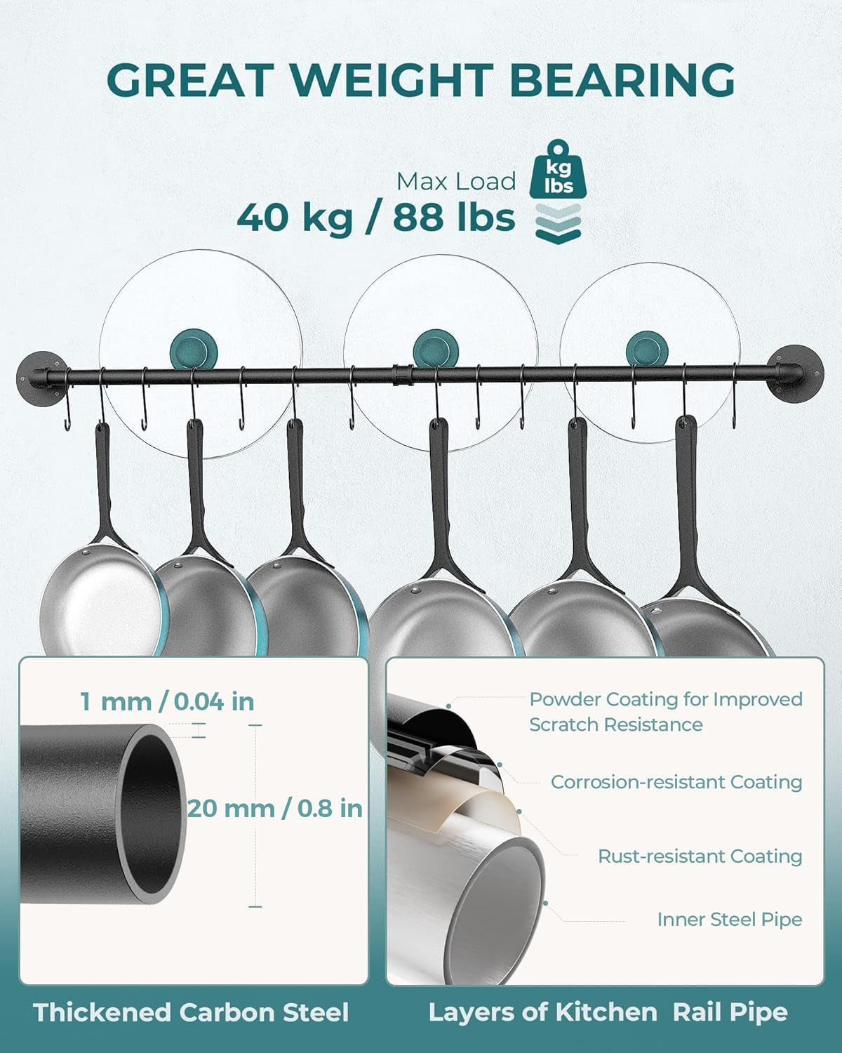 38 Inch Pot Bar Rack Wall Mounted Detachable Pans Hanging Rail Kitchen Lids Utensils Hanger with 14 S Hooks Black