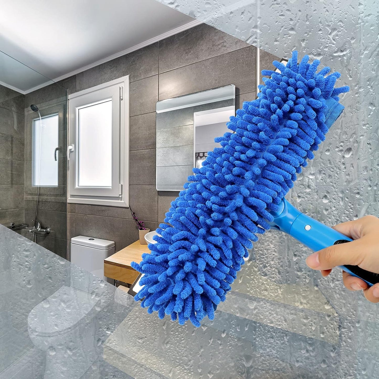 Professional 69'' Window Squeegee Cleaner Tool with Extension Pole, 2-In-1 Squeegee for Window Cleaning Kit with Scrubber and Rotating Head, 1 Blade 2 Scrubber