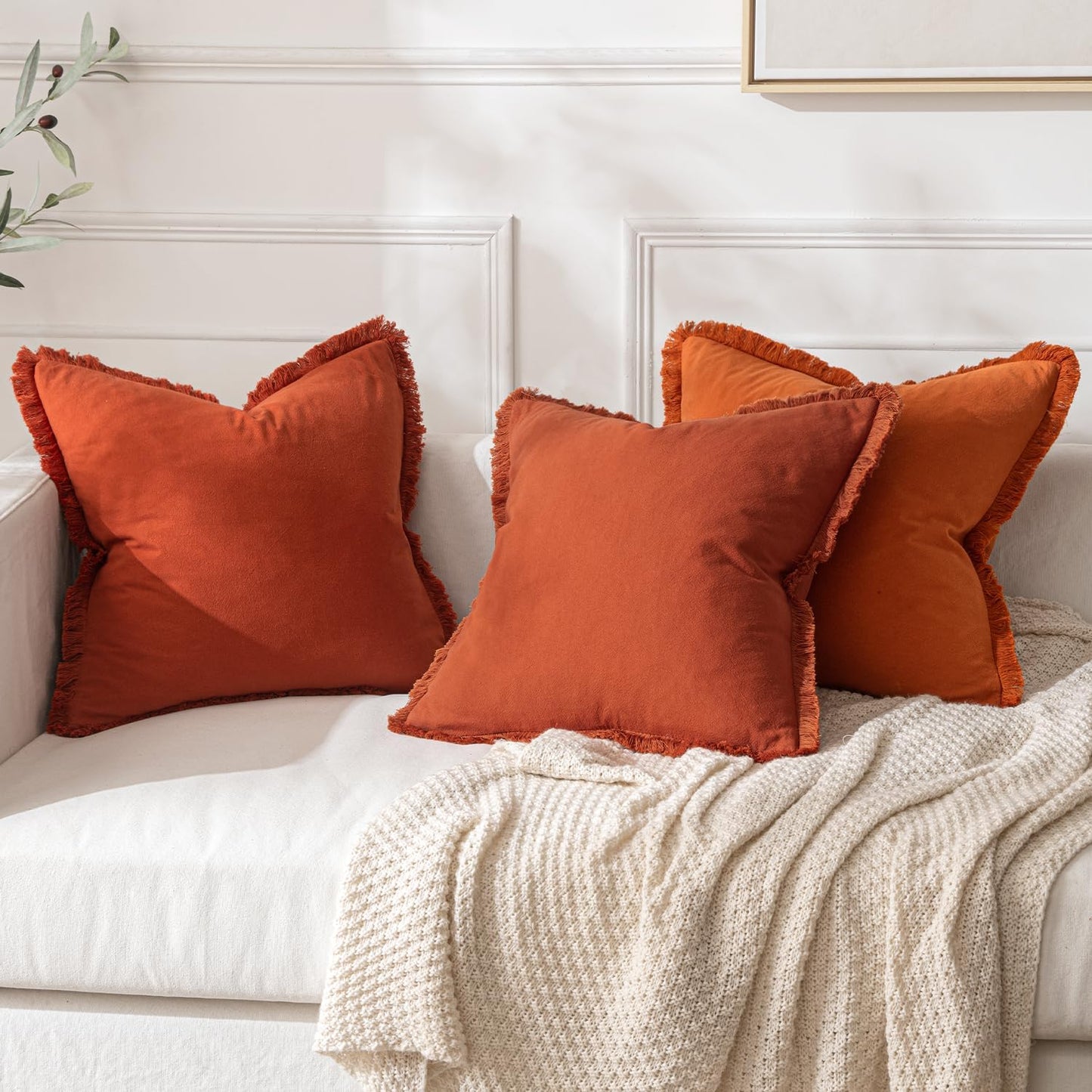 Throw Pillow Covers Fall Boho Farmhouse 18X18 Set of 2 Decorative Burnt Orange Couch with Fringe Chic Cotton Pillowcases Home Decor Accents for Cushion Soft Bed Living Room