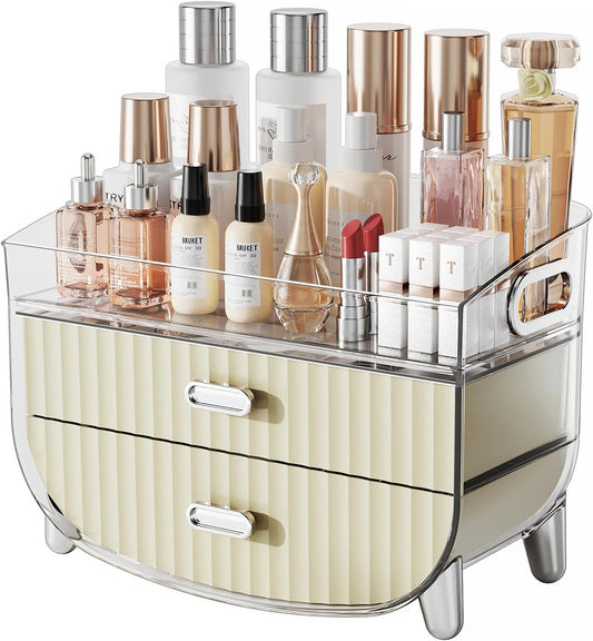 Makeup Organizer with 2 Drawers, Bathroom Storage with Four Non-Slip Feet and Dust-Proof, Simple and Stylish for Desktop, Vanity, Bathroom Countertops, White