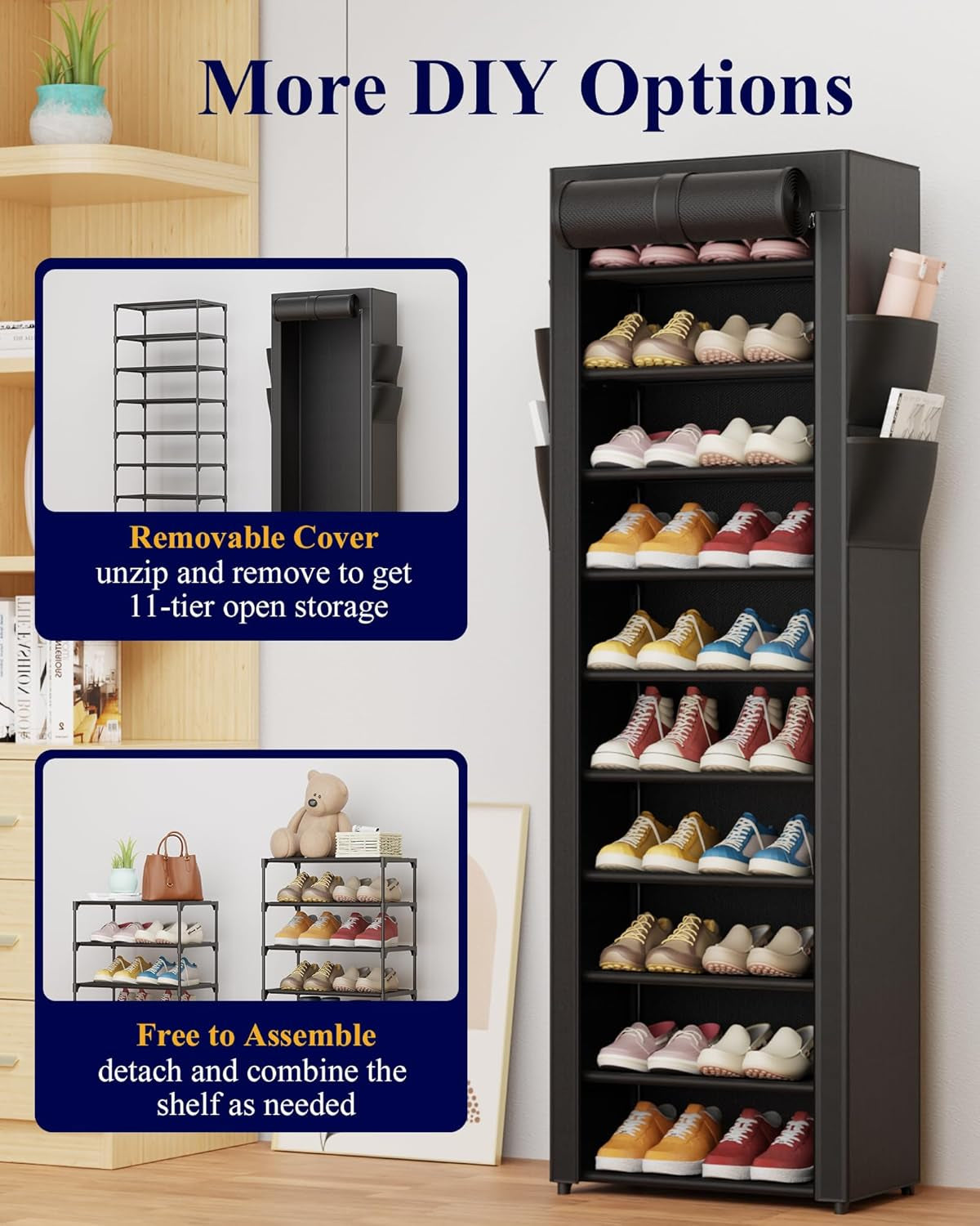 Shoe Rack - 10-Tier Large Capacity Shoe Organizer Shelf with Dust Cover & Side Pockets, Rust-Proof Metal Shoe Rack for Closet, Entrance, Living Room, 17.5" X 12.4" X 69.3", Black