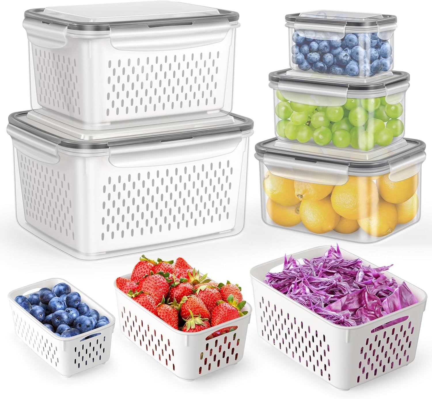 5-Pack Large Fruit Storage Container with Removable Colander, BPA Free Dishwasher & Microwave Safe Largest 4.15L