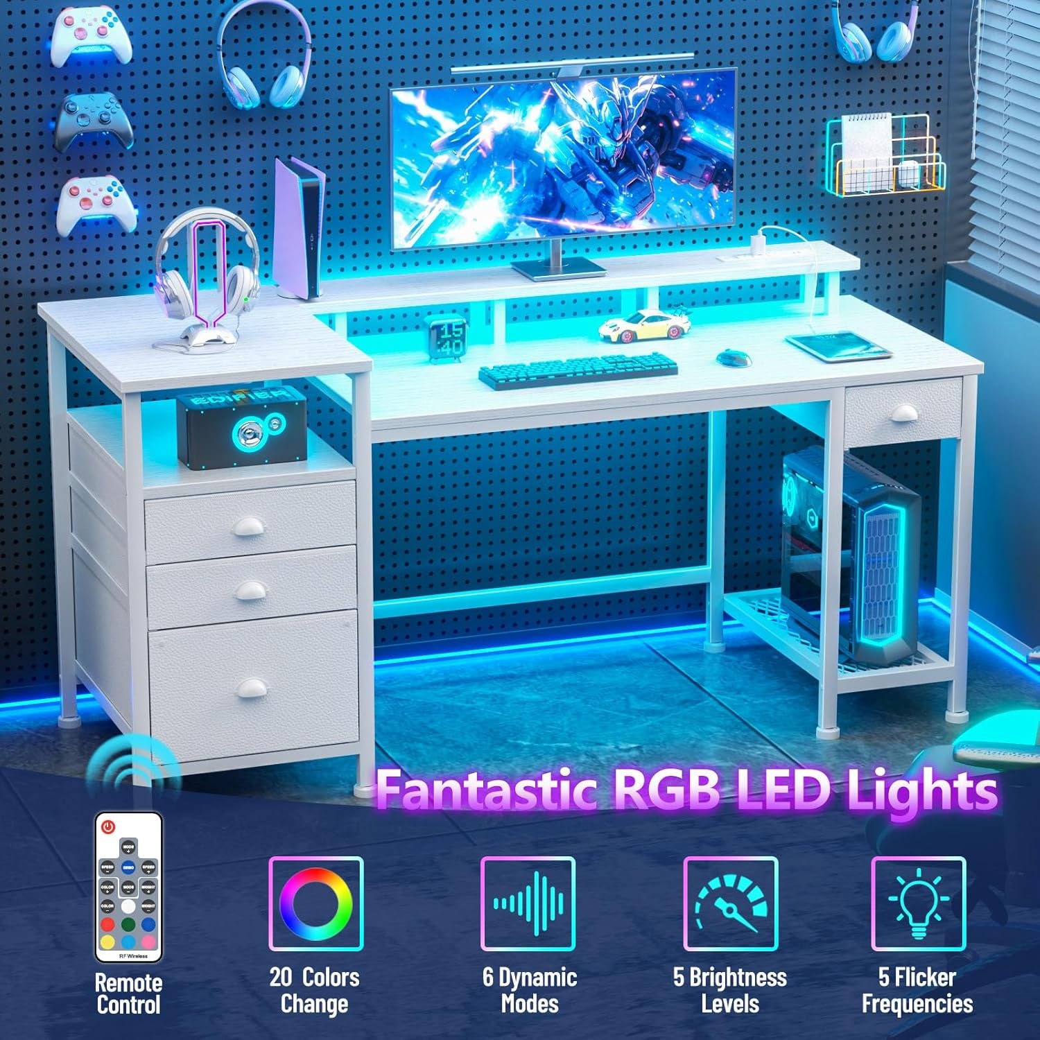 60" White Office Computer Desk with 4 Drawers,Gaming Desk with LED Lights and Power Outlets,Long Desk with Fabric File Cabinet,Study Writing Work Table with Shelf for Bedroom Home Office