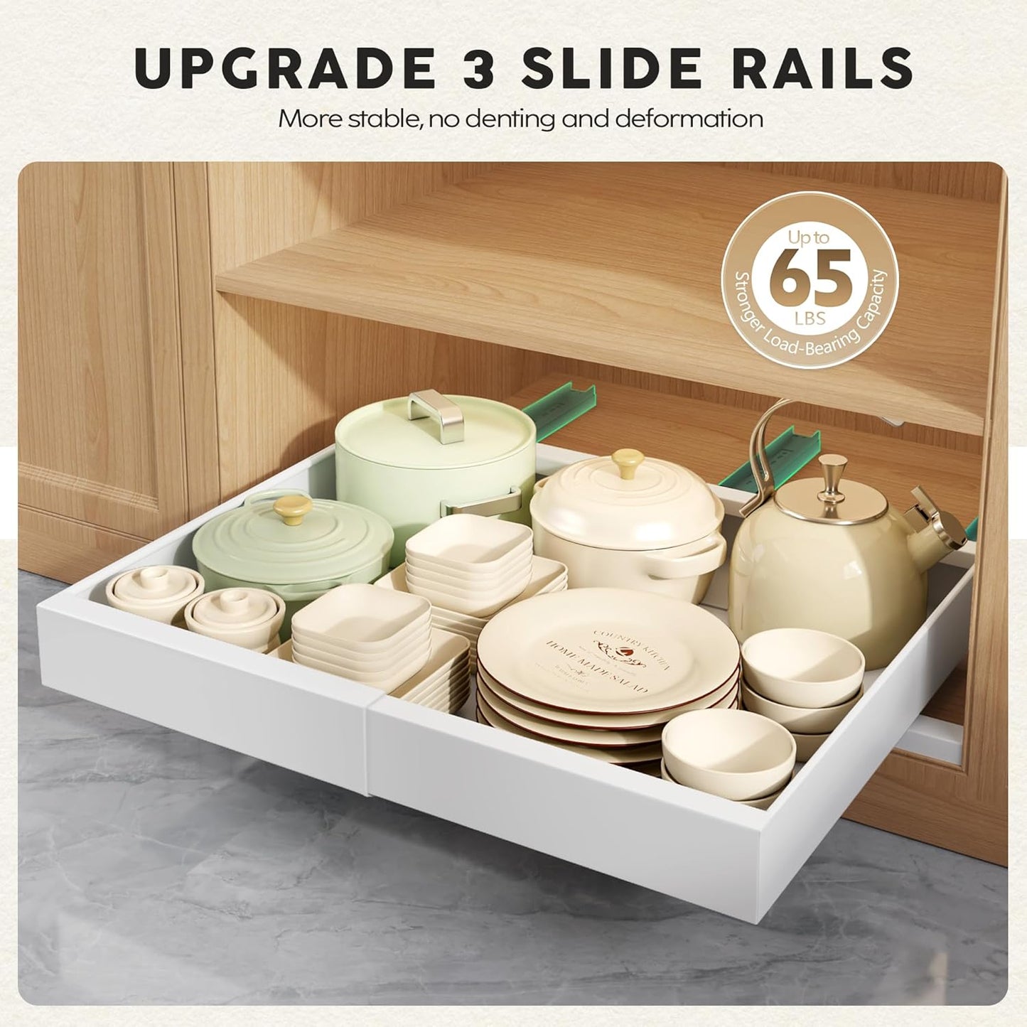 2-Pack 21" Deep Pull-Out Cabinet Organizers with Raising Pad for Framed Cabinets, Expandable Slide-Out Drawers with 3 Slide Rails, Adhesive Roll-Out Shelves, Adjustable Width 12"-20.45", White