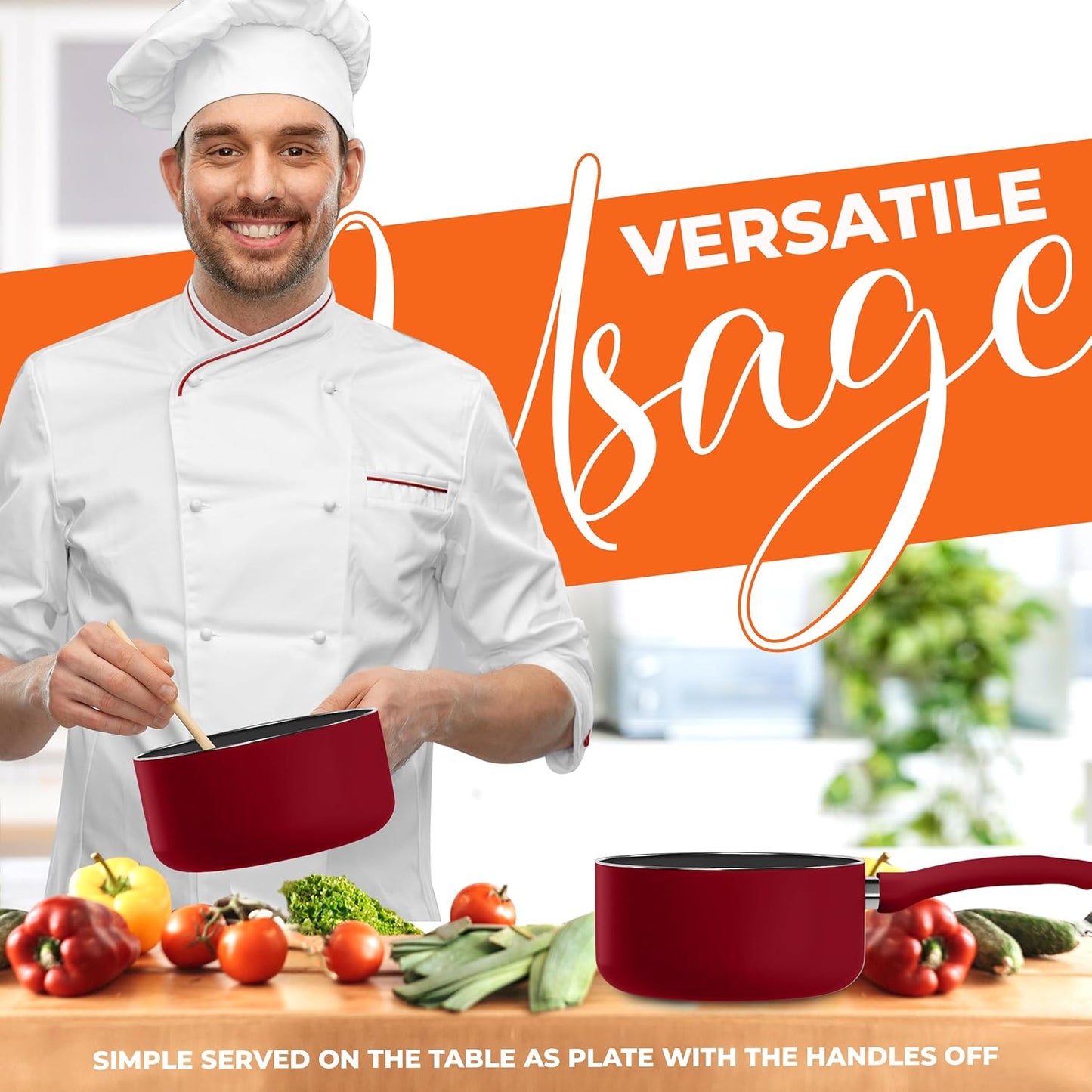 Detachable Handle Nonstick Saucepan with Glass Lid, Multipurpose Use for Home, Kitchen or Restaurant (Red)