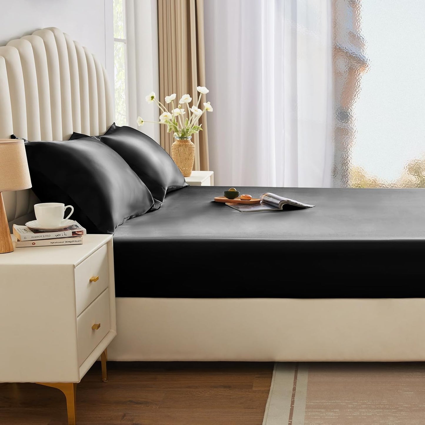 Satin Fitted Sheet Queen Size, Black Silky Satin Bed Fitted Sheet Only with Microfiber, Deep Pocket, Single Bottom Sheet Sold Separately, Breathable, Smooth and Soft