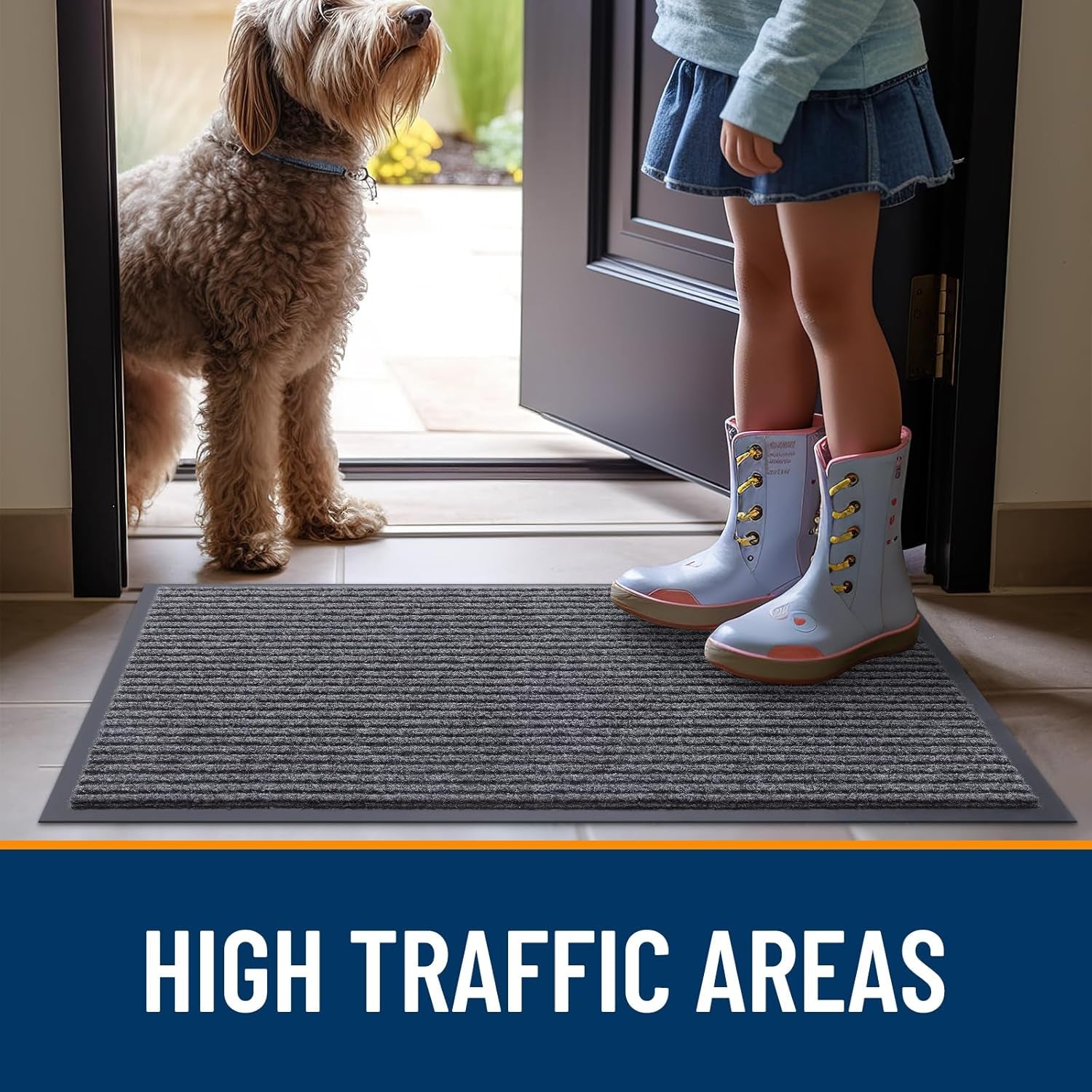 Front Door Mat Indoor Outdoor Entrance, Waterproof Heavy Duty Doormat, Fade Resistant, Low Profile, Easy Clean Patio Porch Welcome Floor Mats for Entry, 29.5X17, Grey