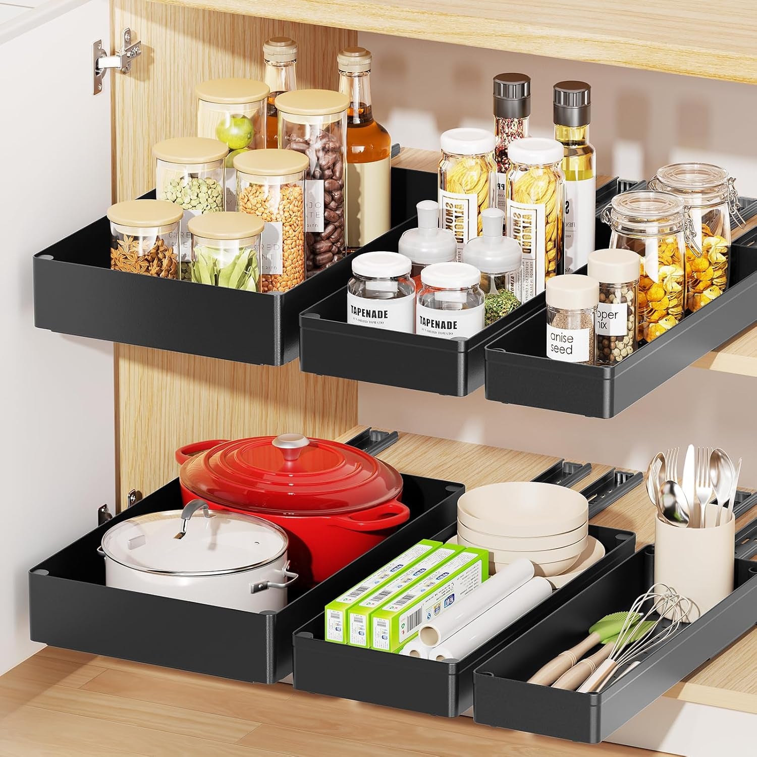 3 Pack Pull Out Cabinet Organizer, 15.7" Deep Pull Out Drawers for Cabinets, Slide Out Drawers for Kitchen Cabinets, Bathroom Cabinet Organizer, Pantry (Black)