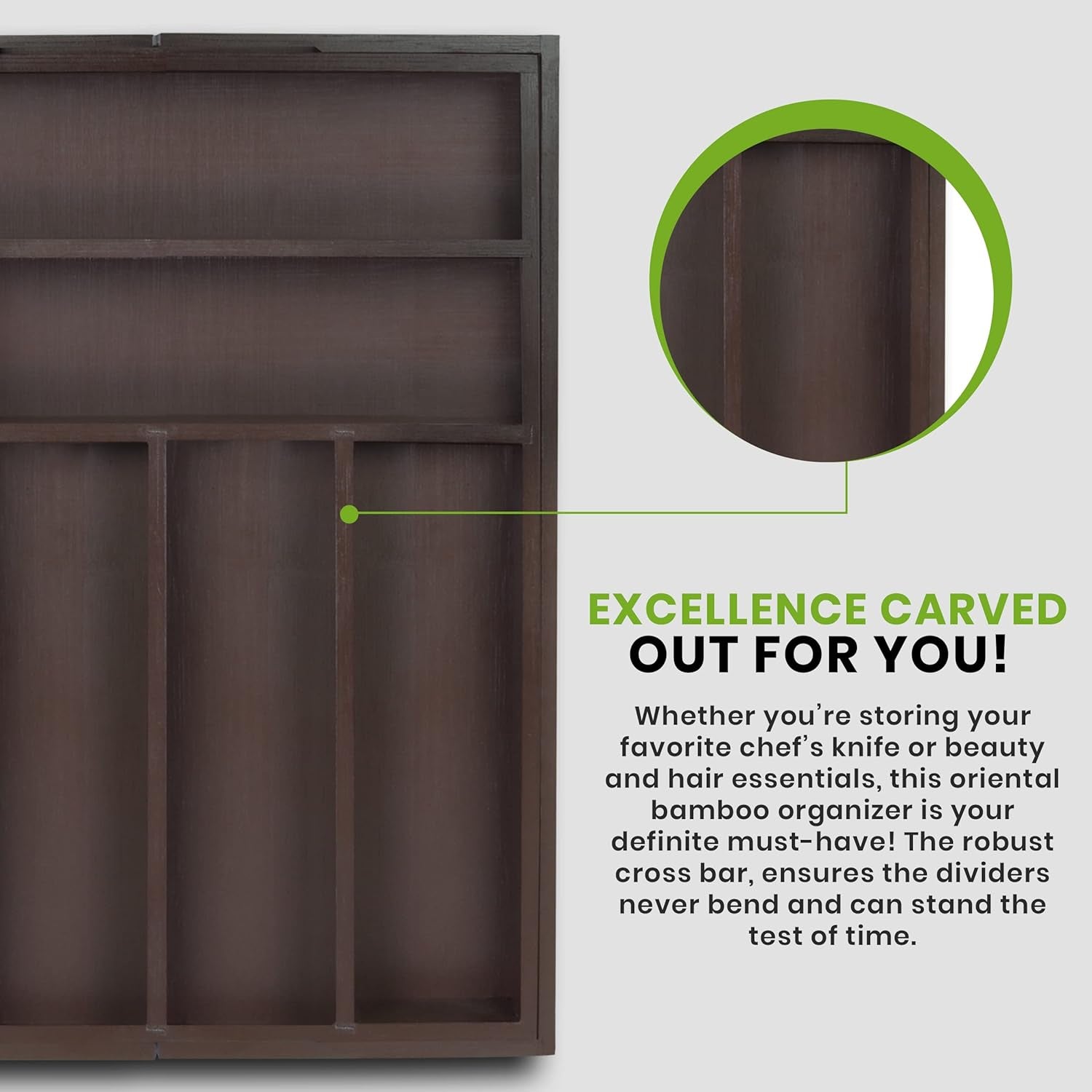 Expandable Drawer Organizer, Adjustable Kitchen Drawer Organizer, Bamboo Drawer Dividers Organizer for Kitchen, Silverware, Flatware, Living Room (Brown, 6-8 Compartment (1-Pack))