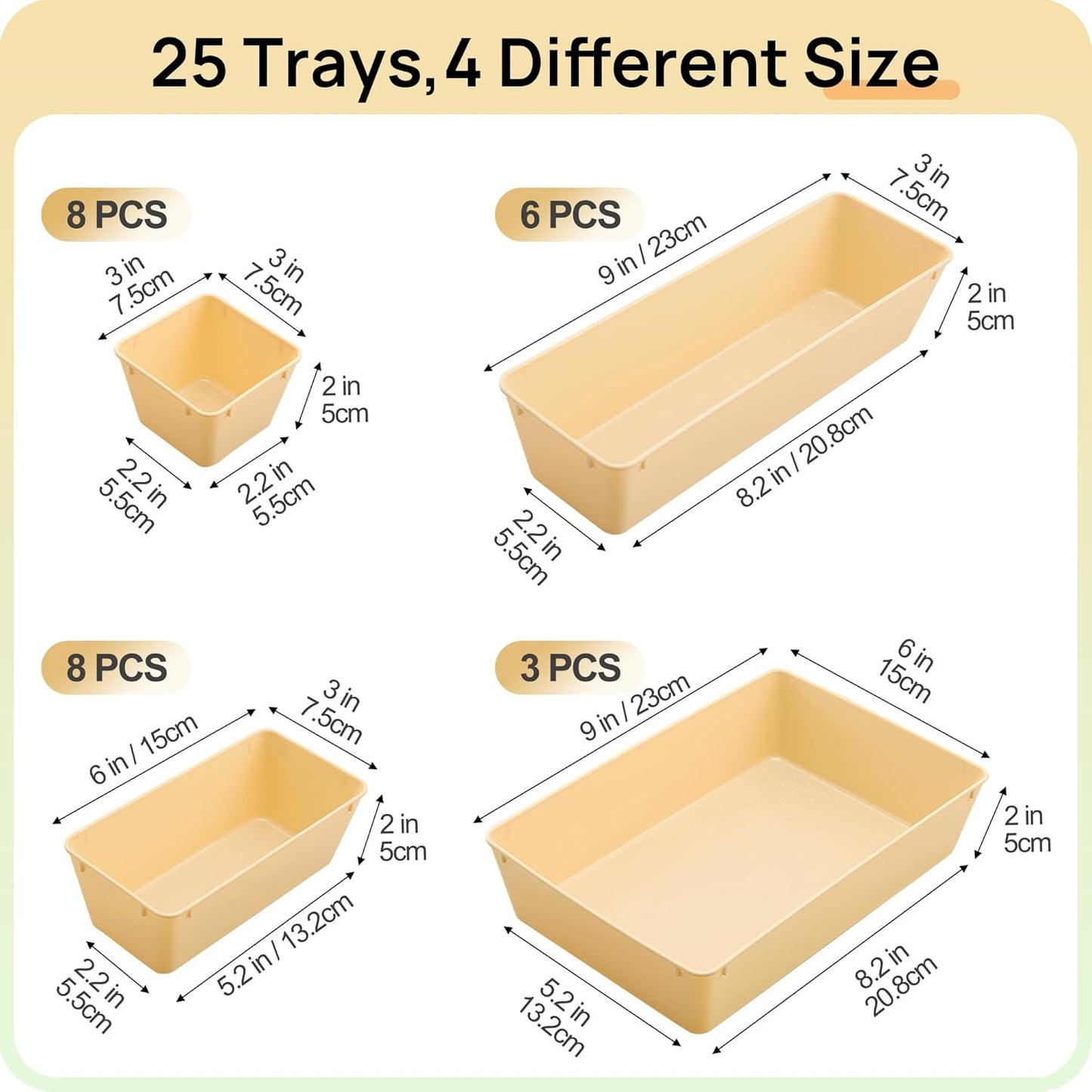 25 PCS Plastic Drawer Organizers Set, 4-Size Versatile Bathroom and Vanity Drawer Organizer Trays, Storage Bins for Makeup, Bedroom, Kitchen Gadgets Utensils and Office