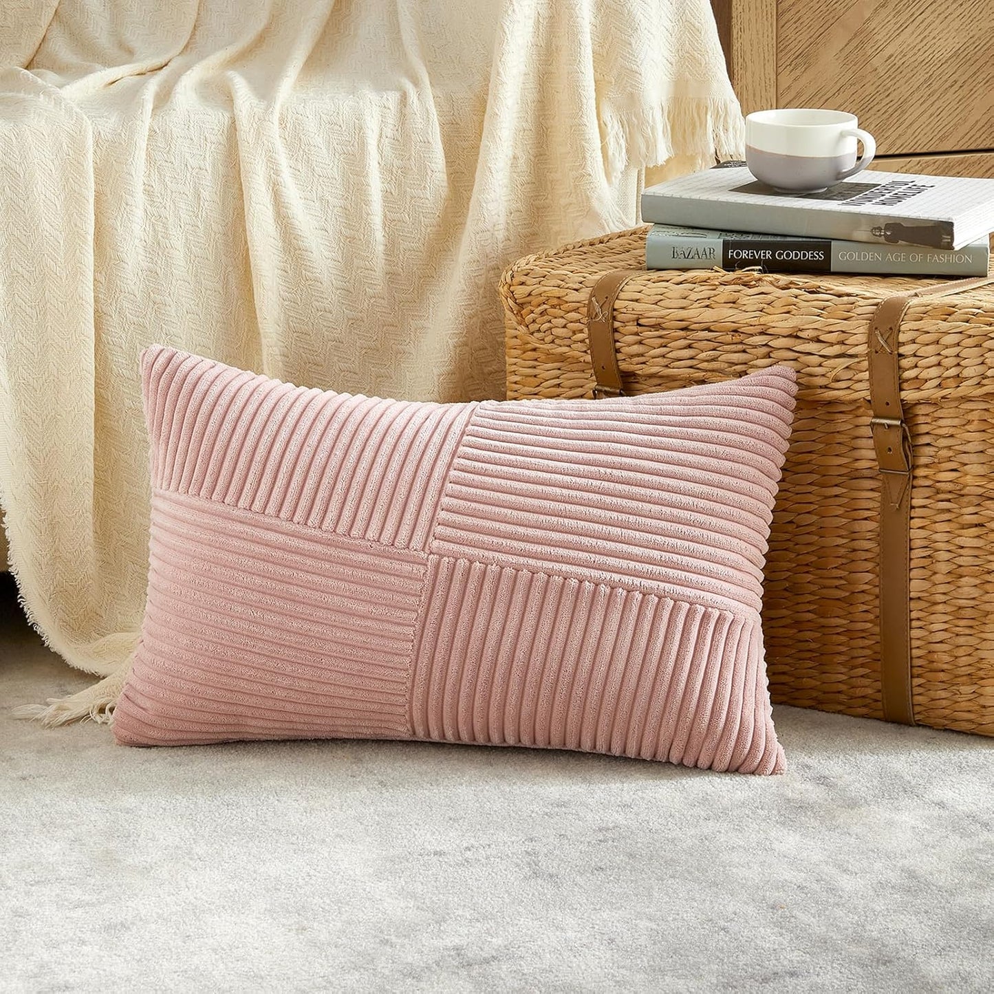 Set of 2 Blush Pink Boho Lumbar Rectangle Decorative Throw Pillow Covers 12X20 Inch with Diagonally Pattern for Couch Bed Sofa, Soft Corduroy Accent Modern Farmhouse Home Decor 30X50 Cm