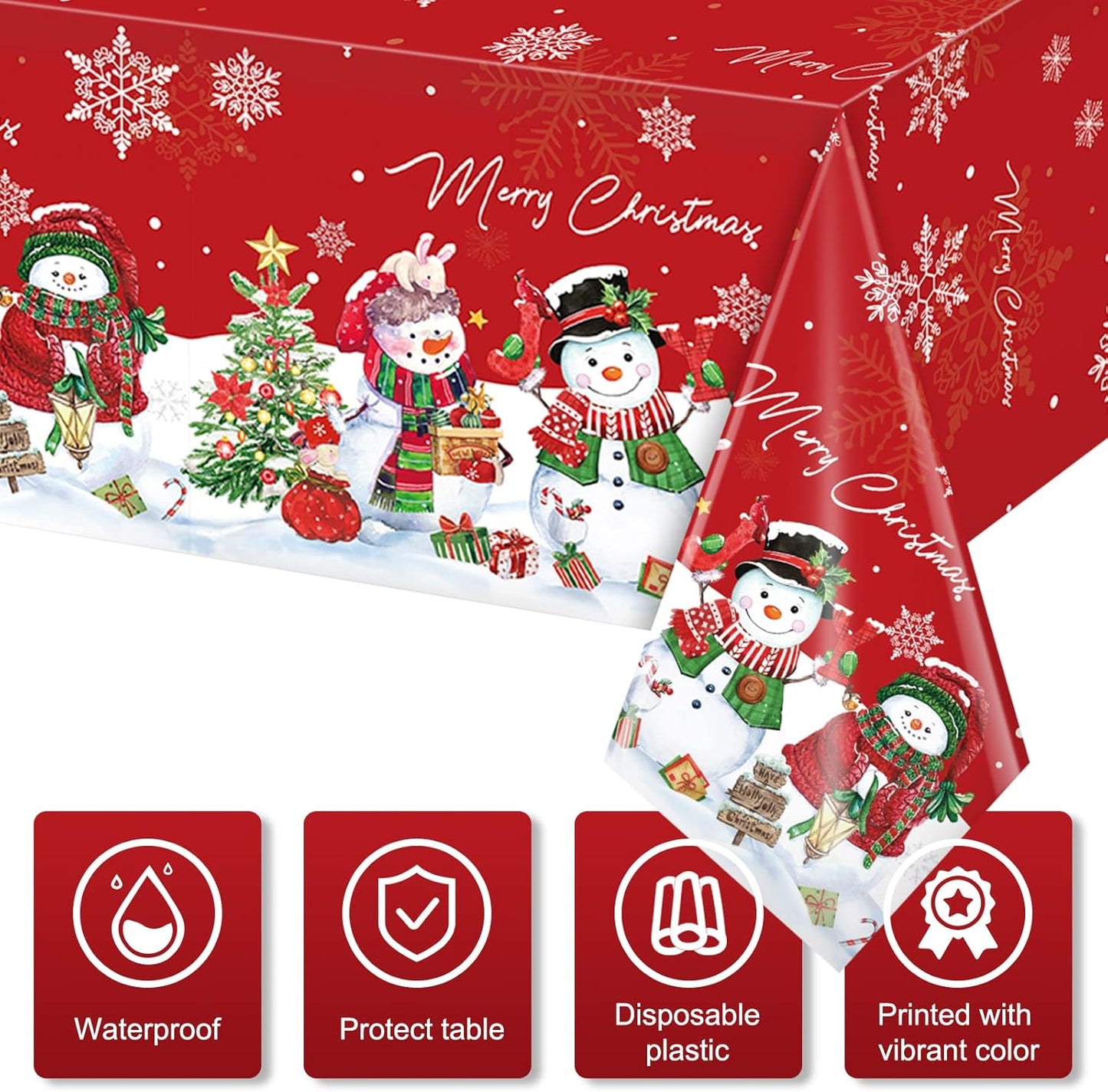 1Pcs Christmas Snowman Tablecloth,Plastic Christmas Snowman Snowflake Winter Table Cover with Xmas Tree for Winter Holiday Themed Party Decorations and Supplies,54X 108Inch(Red)
