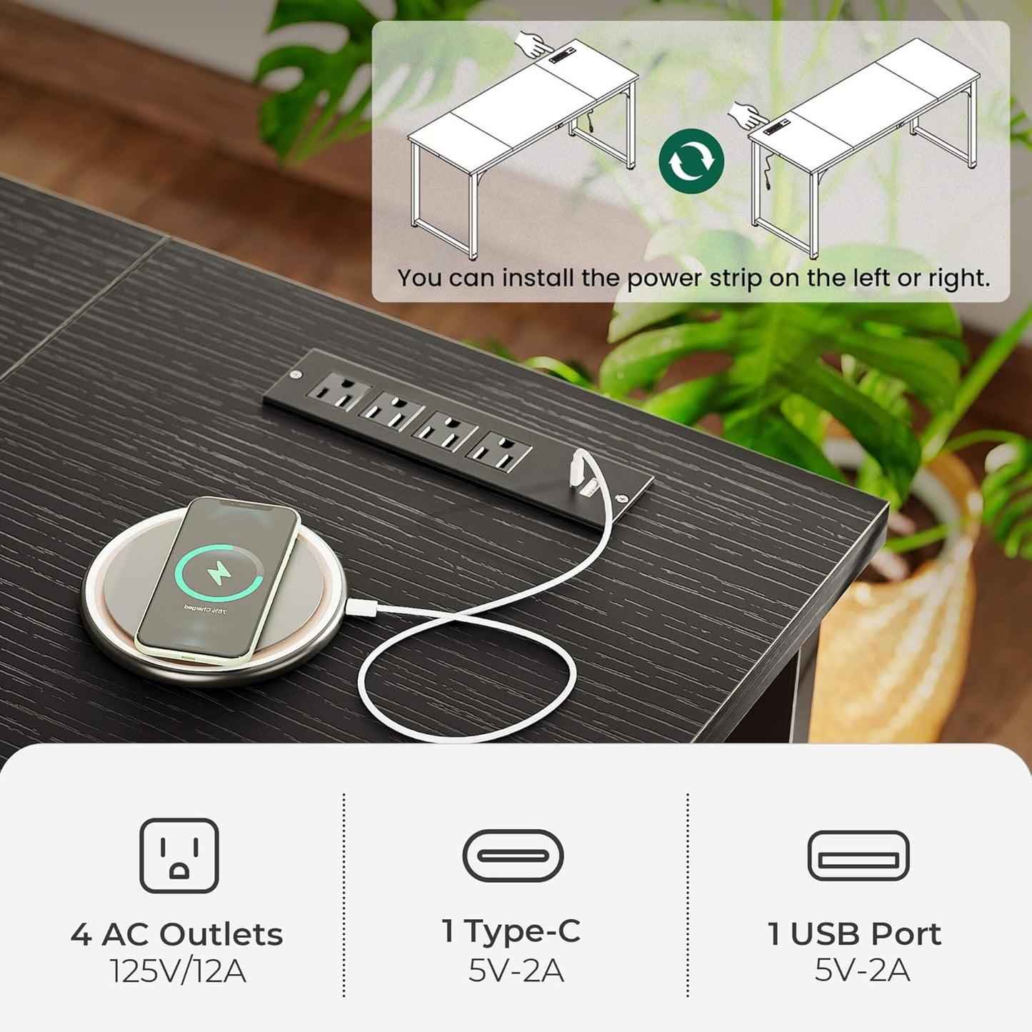 63 x 24 Inch Heavy-Duty Computer Desk with Power Outlets & USB-C, Enhanced Desktop Thickness, Sturdy Metal Frame, Ideal for Home Office and Gaming, Black