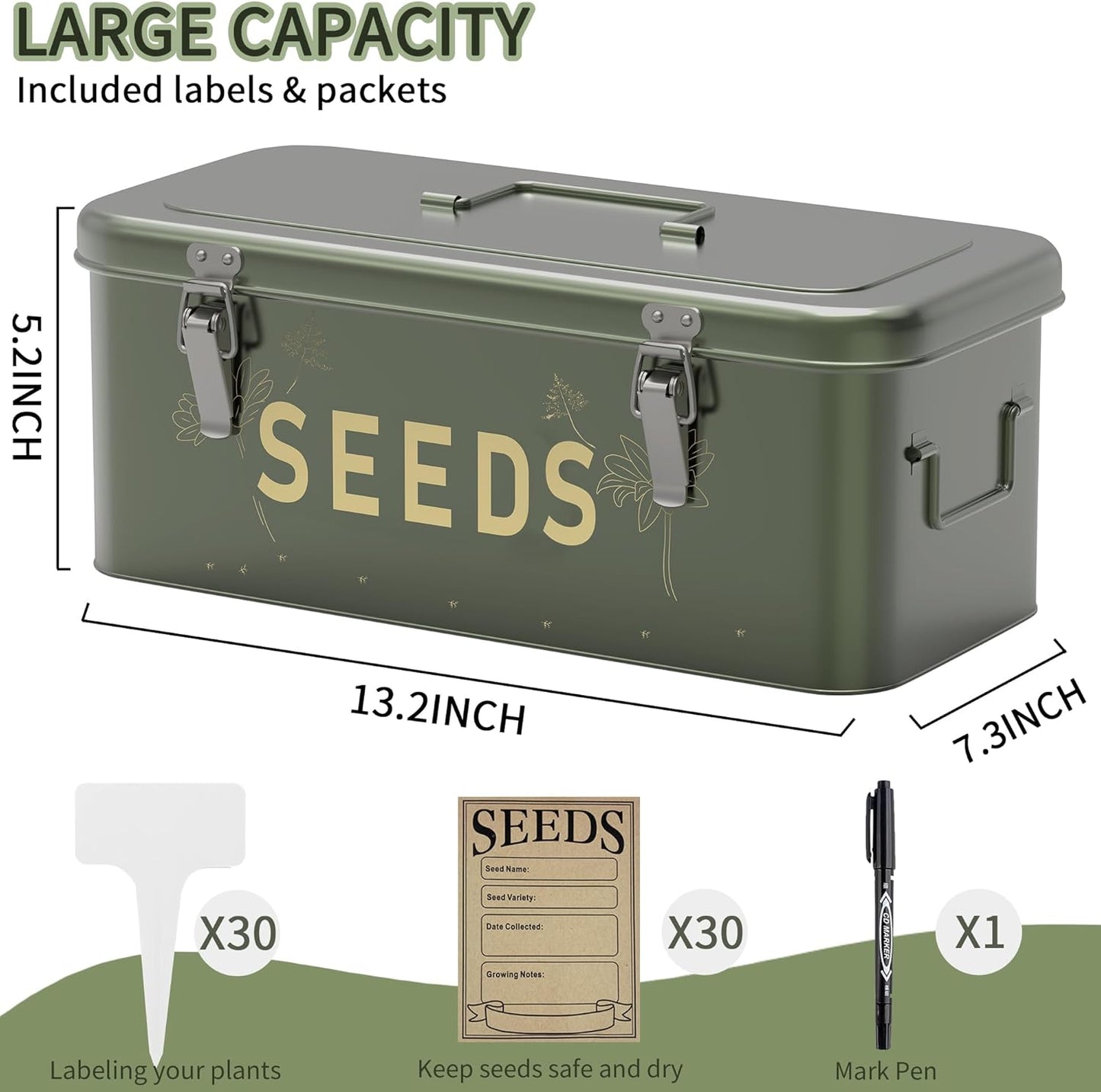 Metal Seed Storage Organizer with Lid, Includes 30 Plant Labels, 30 Seed Envelopes, and Marker Pen, Four-Compartment Design with Safety Locks, Blackish Green