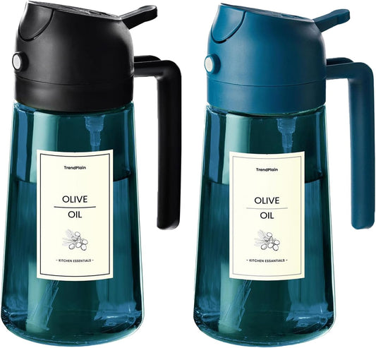 16Oz/470Ml Blue Glass Olive Oil Sprayer for Cooking - 2 in 1 Olive Oil Dispenser for Kitchen Gadgets, Air Fryer, Salad, and BBQ (1 Pack, Black & Navy)