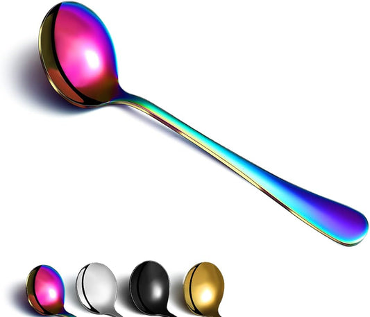 Set of 4 Rainbow Soup Spoons, 7.5" Stainless Steel with Titanium Plating, Multicolor Round Design, Easy to Clean and Dishwasher Safe