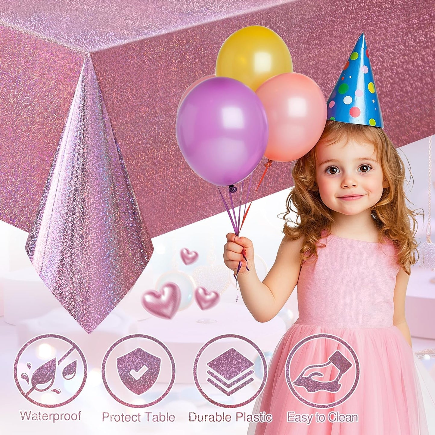 Light Pink Holographic Foil Tablecloths - Set of 2, 54x72 Durable Table Covers for Elegant Events, Perfect for Parties, Weddings, and Showers