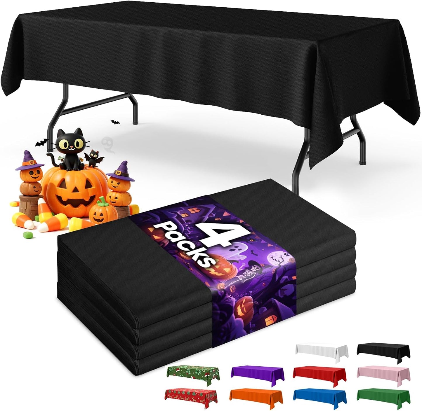 Black Plastic Table Cloth - 4 Pack 54" × 108" Rectangle Disposable Tablecloths for 6FT Tables, Waterproof Table Cover for Party, Holiday & Gathering Use