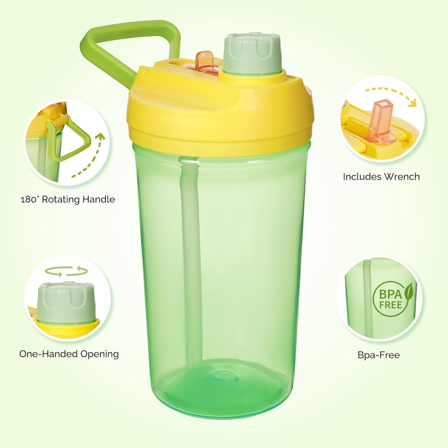 12Oz Kids Water Bottle with Straw Leak-Proof Toddler Water Bottle Plastic Water Bottles Bpa-Free Toddler Straw Cups with Handle for Travel Fitness School, GREEN