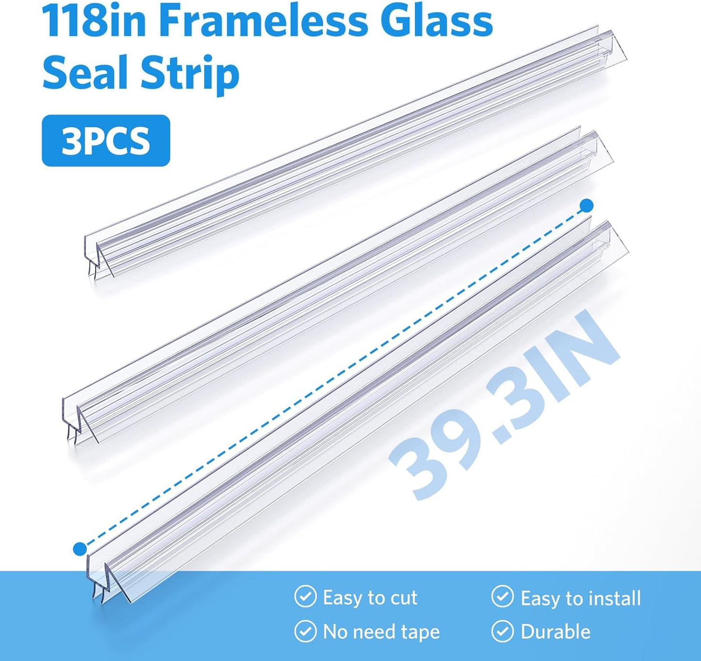 Shower Door Bottom Seal, 3Pack Shower Door Sweep Strip, Frameless Glass Doors Seal Strip for 3/8'' (10Mm) Thick Doors, Showers Water Guard & Barrier - Stop Water Leakage, 39.3'' X 0.39''