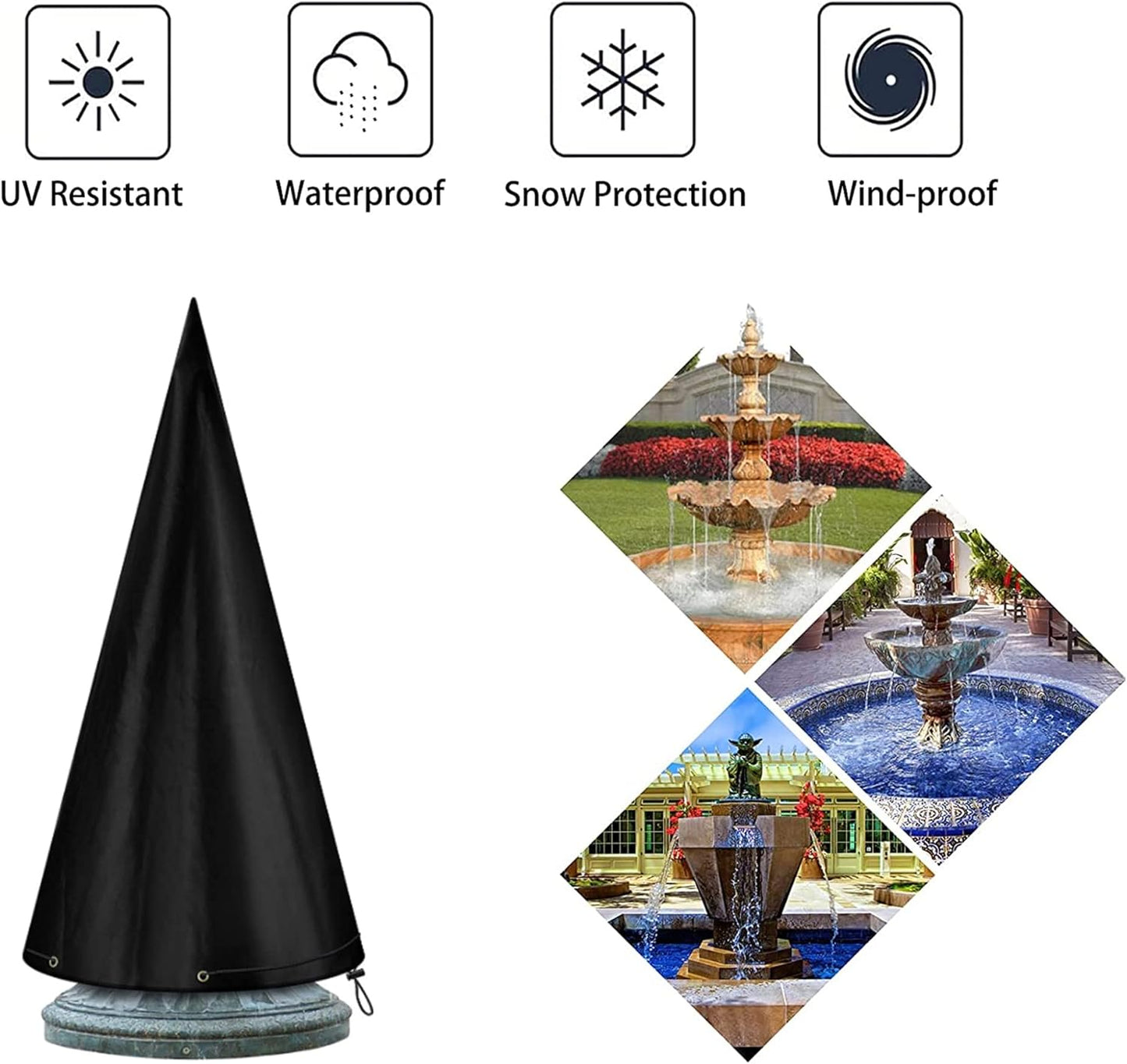 Outdoor 48"X61" Garden Fountain Cover, Heavy Duty Waterproof Bird Bath Cover, Fountain Cover with Locking Drawstring for Winter, Black