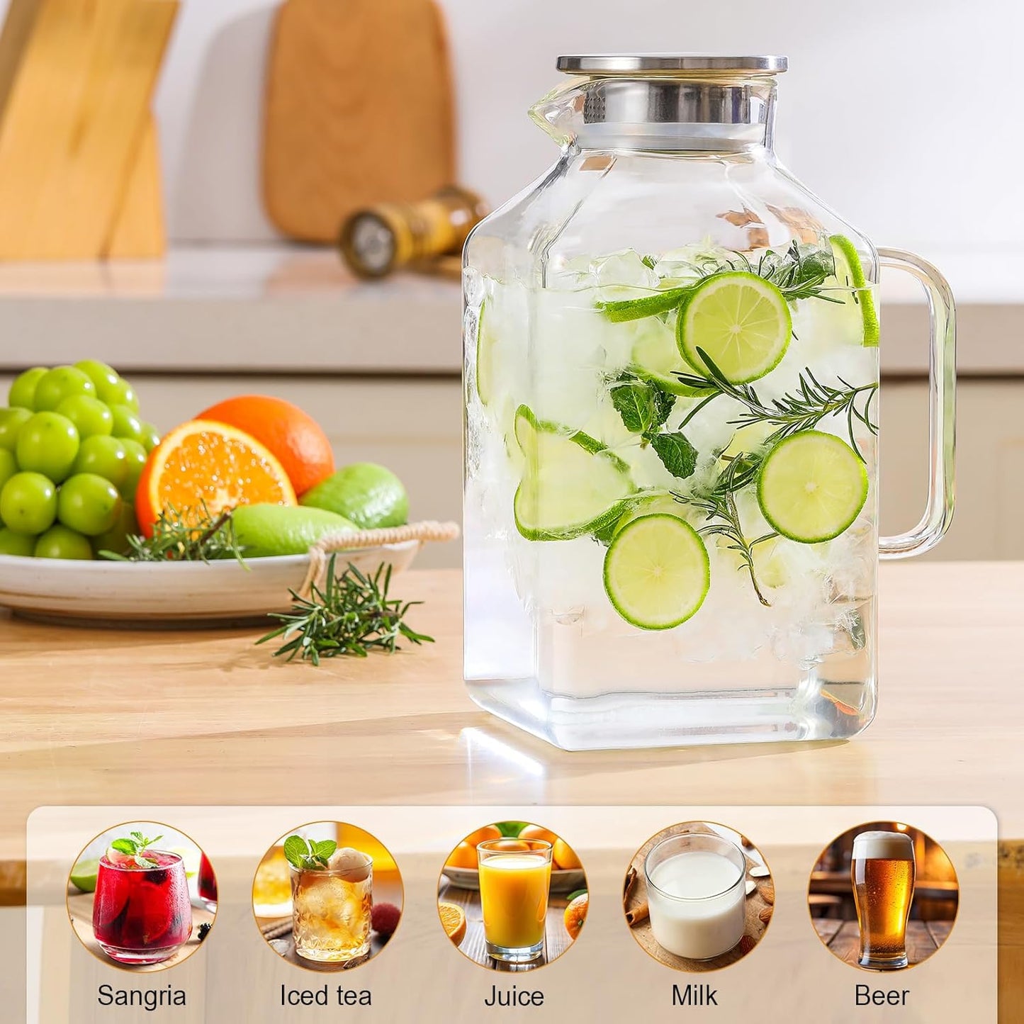 1 Gallon Square Glass Pitcher with Lid and Spout, Water Pitchers with Handle for Fridge, Borosilicate Glass Carafe for Hot/Cold Drink,Extra Large Jug for Iced Tea, Coffee,Juice,Beverage, Clear