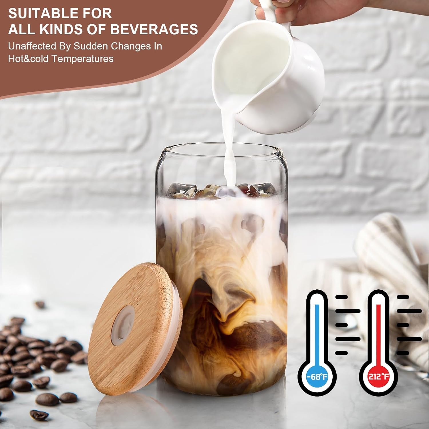 Iced Coffee Cups with Lids 2 Pcs,16 Oz Glass Cups with Lids and Straws as Coffee Bar Accessories,Beer Drinking Glasses,Reusable Glass Tumbler,Cute Coffee Cups for Coffee, Juice, Gifts