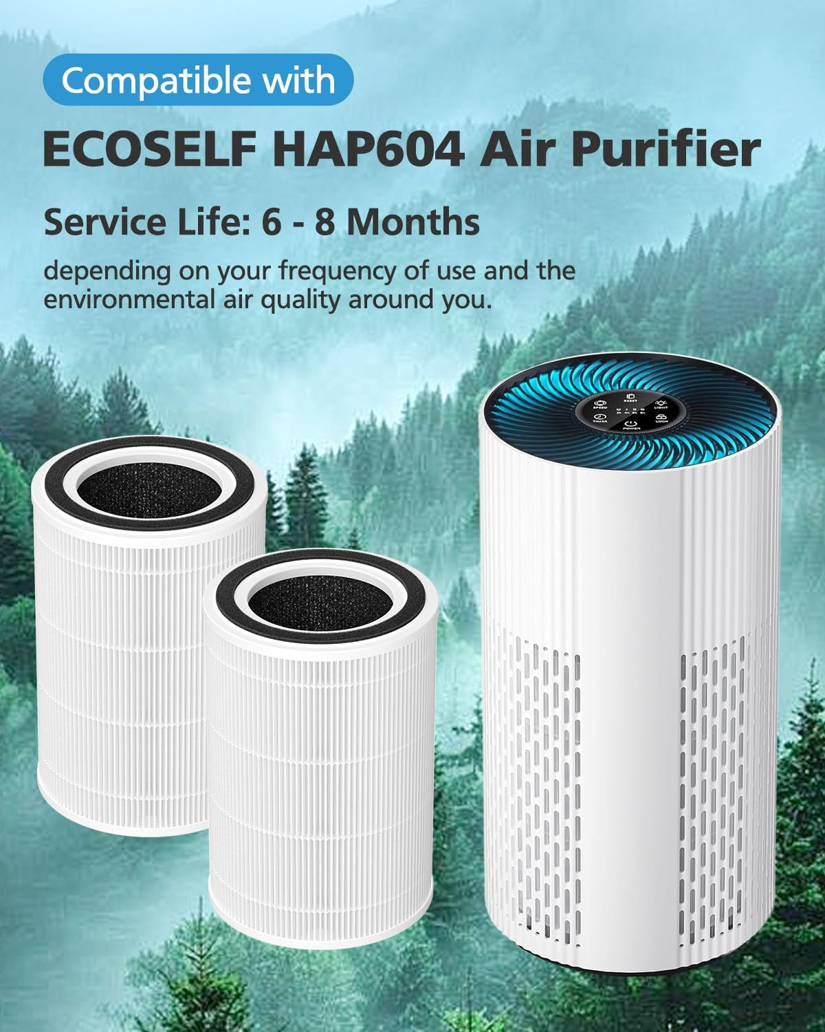 2 Pack HAP604 HEPA Air Filter Compatible with ECOSELF HAP604 Air Purifiers for Home Large Room 360° Air Intake & Outlet 3-In-1 Efficiency Filtration System for Bedroom Pets Cover up to 1076 Ft²