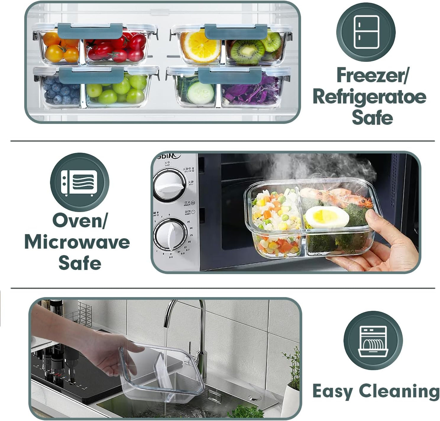 10-Pack 30 OZ Glass Meal Prep Containers with 2 Compartments, Airtight Lids, Microwave, Oven, Freezer, and Dishwasher Safe, Grey