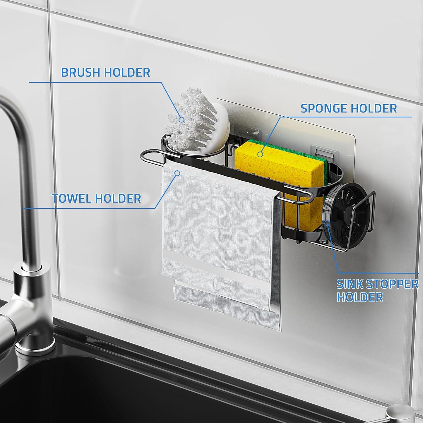 Kitchen Sink Caddy Sponge Holder in the Sink, Stainless Steel Kitchen Sink Organizer, Brush Holder, Dish Cloth Hanger, Sink Stopper Holder with 2 Installation Ways (Suction & Adhesives