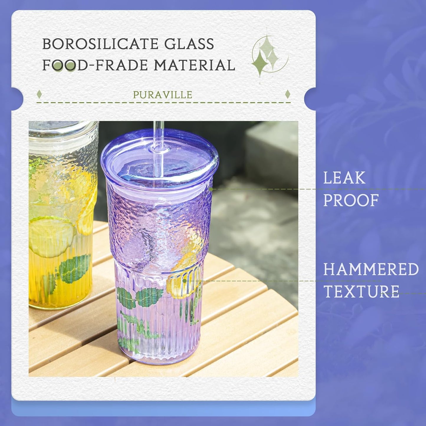 20Oz Glass Cups with Lids and Straws, 2 Pack High Borosilicate Iced Coffee Cups Drinking Glasses Tumbler for Smoothie, Water, Tea, Juice Drinks, Violet Purple