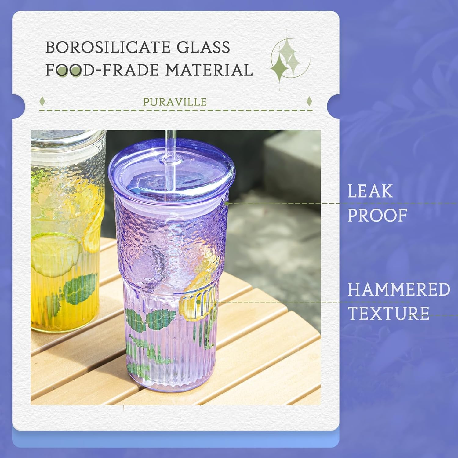 20Oz Glass Cups with Lids and Straws, 2 Pack High Borosilicate Iced Coffee Cups Drinking Glasses Tumbler for Smoothie, Water, Tea, Juice Drinks, Violet Purple