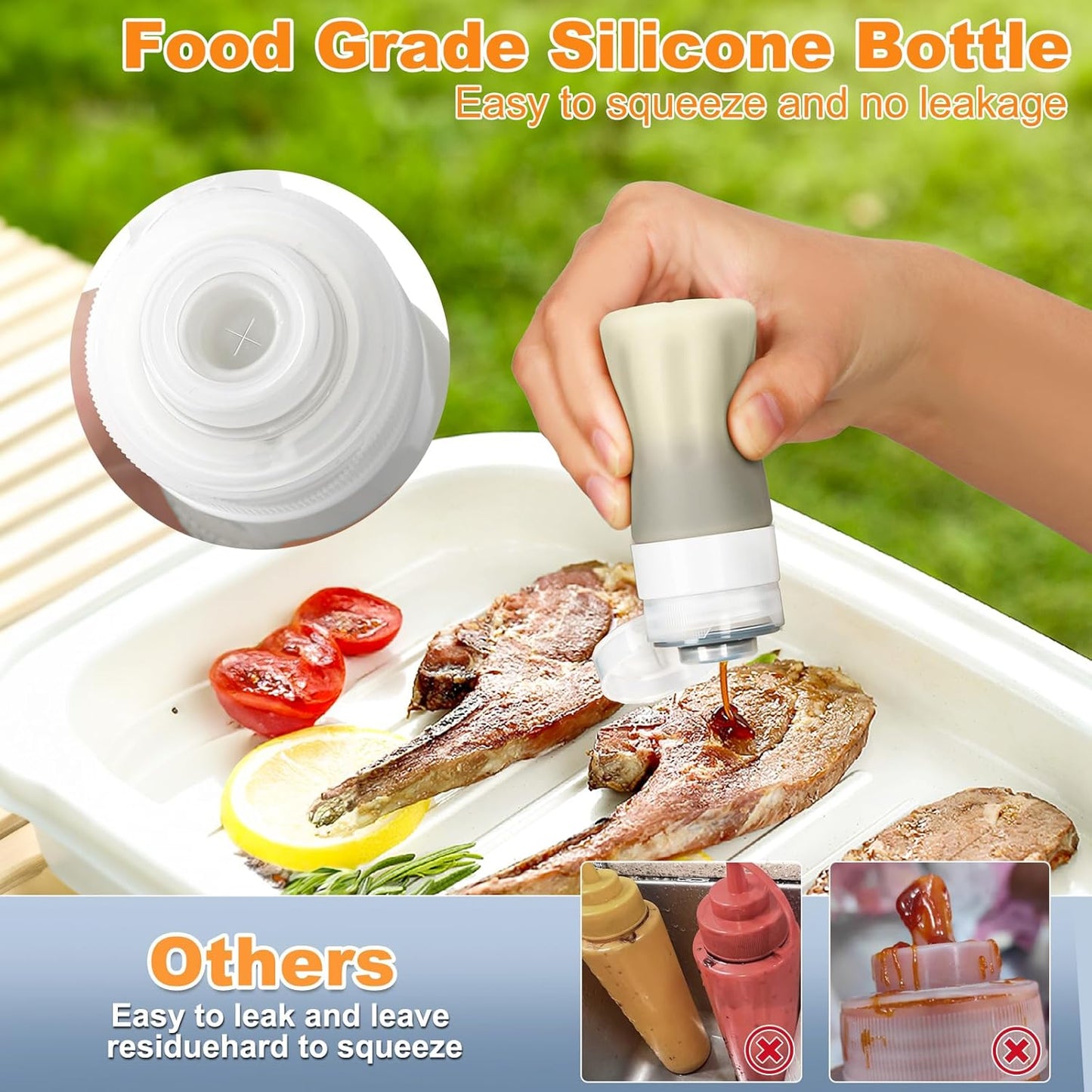 Salad Dressing Container to Go, 4 Pack Condiment Squeeze Bottles for Sauces, Mini Silicone Liquids Containers for Bento Lunch Box, Travel Bottles for Toiletries Refillable with 2 Extra Caps+Brush, 2Oz