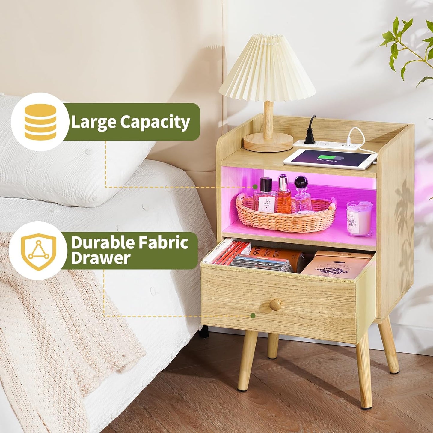 Nightstand with Charging Station, Modern Night Stand with LED Lights, Wood Nightstands with Fabric Drawer & Storage Shelf, Night Stands Bedside Table with USB Ports for Bedroom, Office, Home