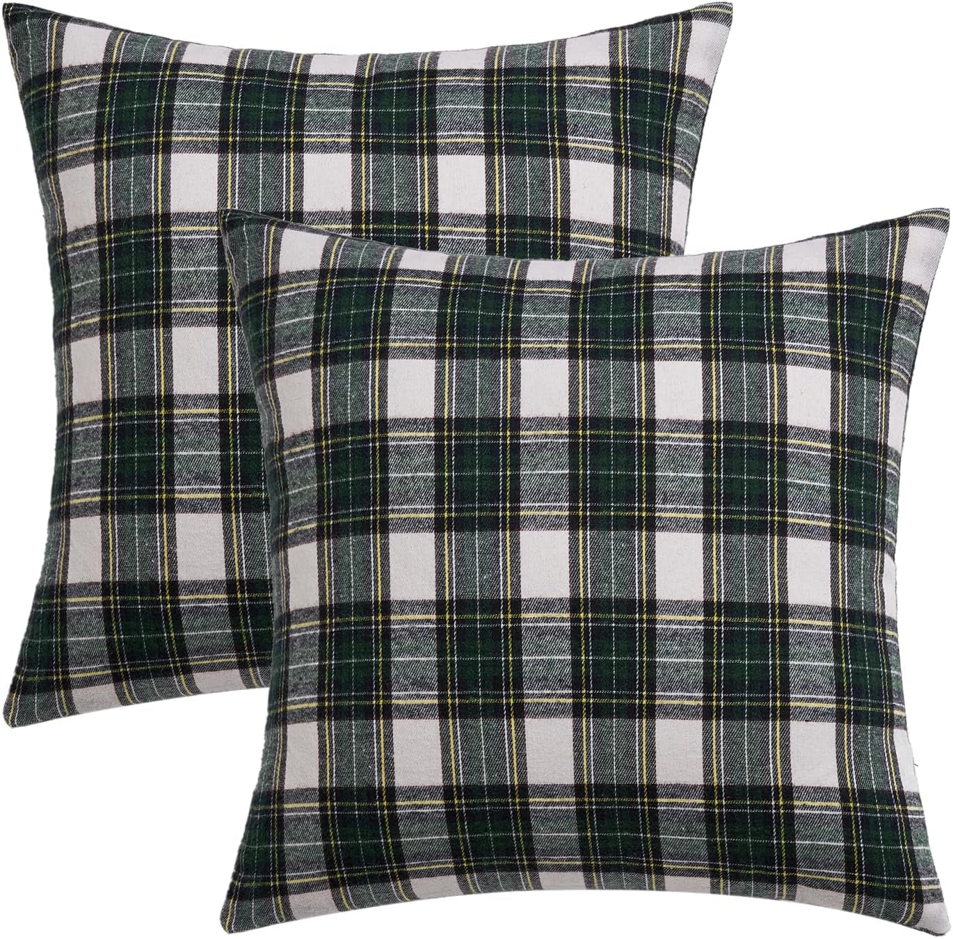 Christmas Set of 2 Scottish Tartan Plaid Throw Pillow Covers Farmhouse Classic Decorative Outdoor Square Cushion Cases for Decor Sofa Couch 18X18 Inch, Green and White