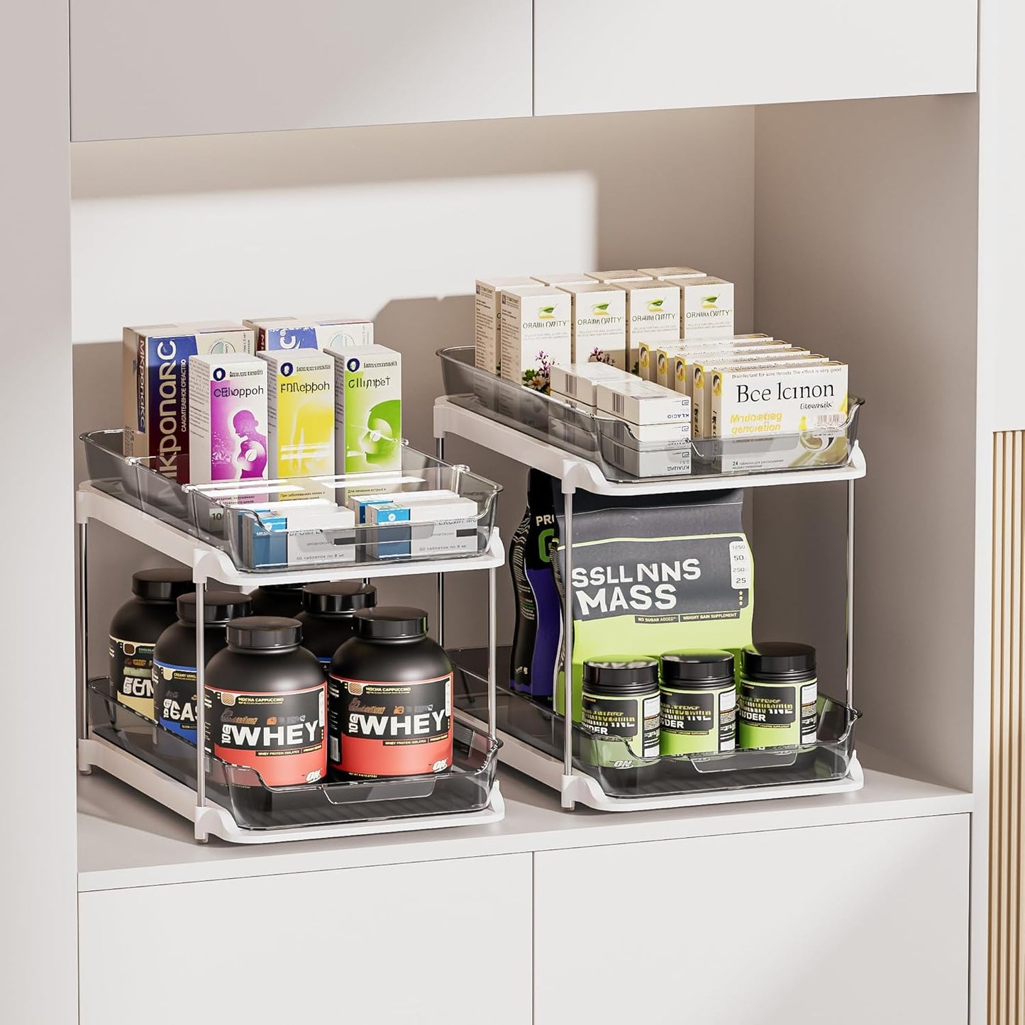2 Sets of 2-Tier Multi-Purpose Bathroom Cabinet under Sink Organizers and Storage, Stackable Kitchen Pantry Organization and Storage, Grey