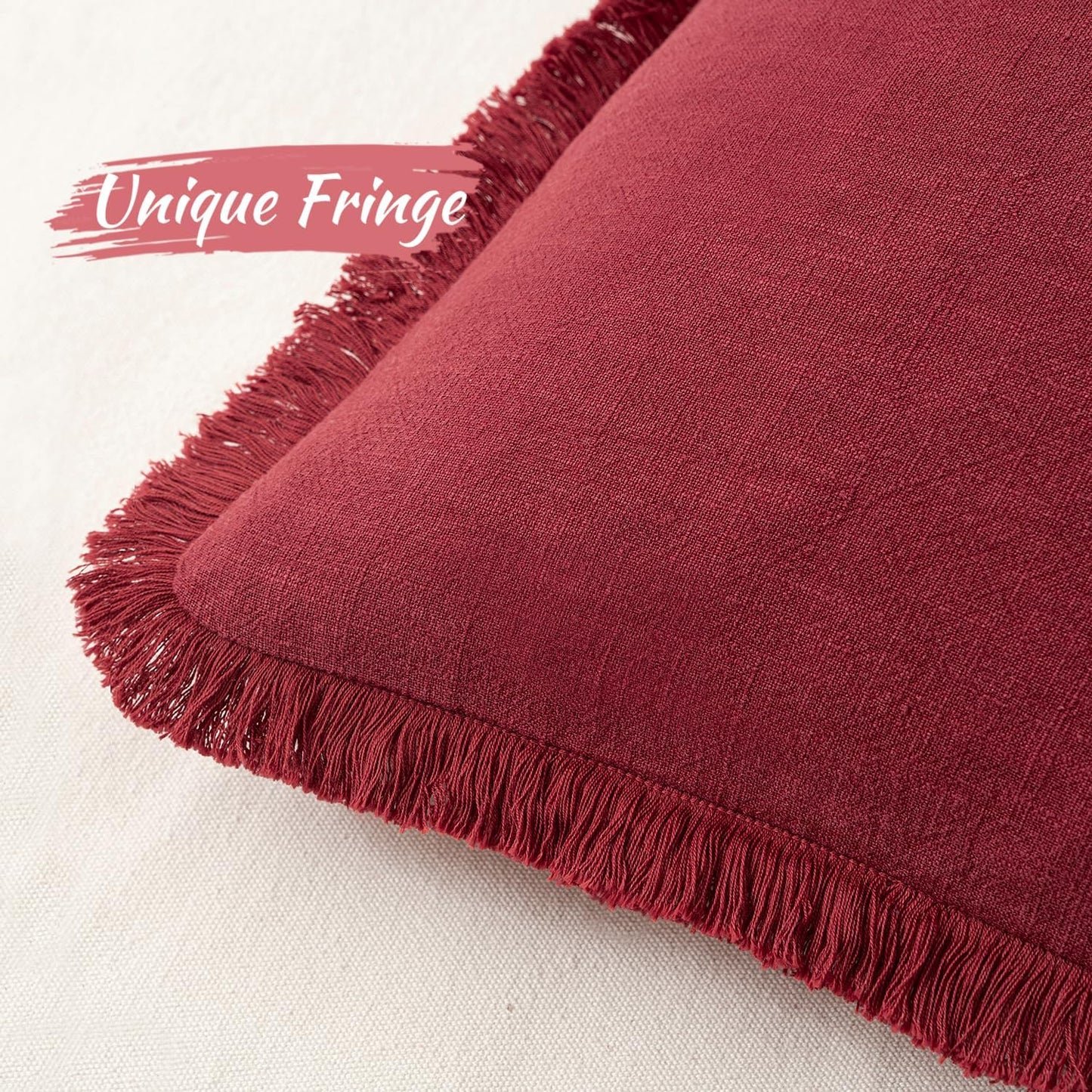 Linen Pillow Covers 18X18 Inch Decorative Throw Pillows with Fringe Pack of 4 Soft Farmhouse Boho Couch Pillows Home Decors for Sofa Cushion Living Room Bed Dark Green and Burgundy