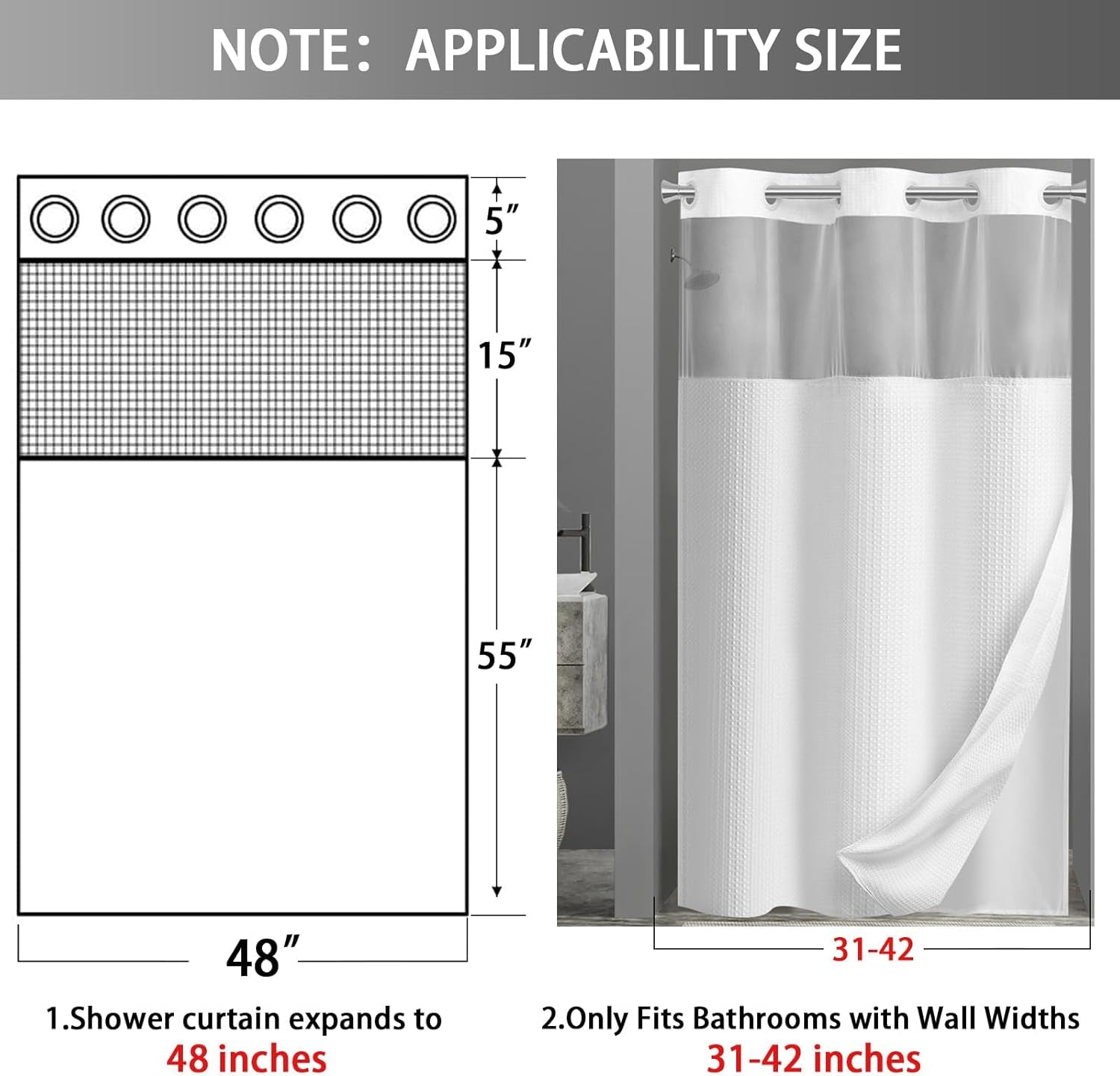 No Hook Shower Curtain with Snap in Fabric Liner Set Less Time White Waffle Shower Curtain for Bathroom 75" L X 48" W