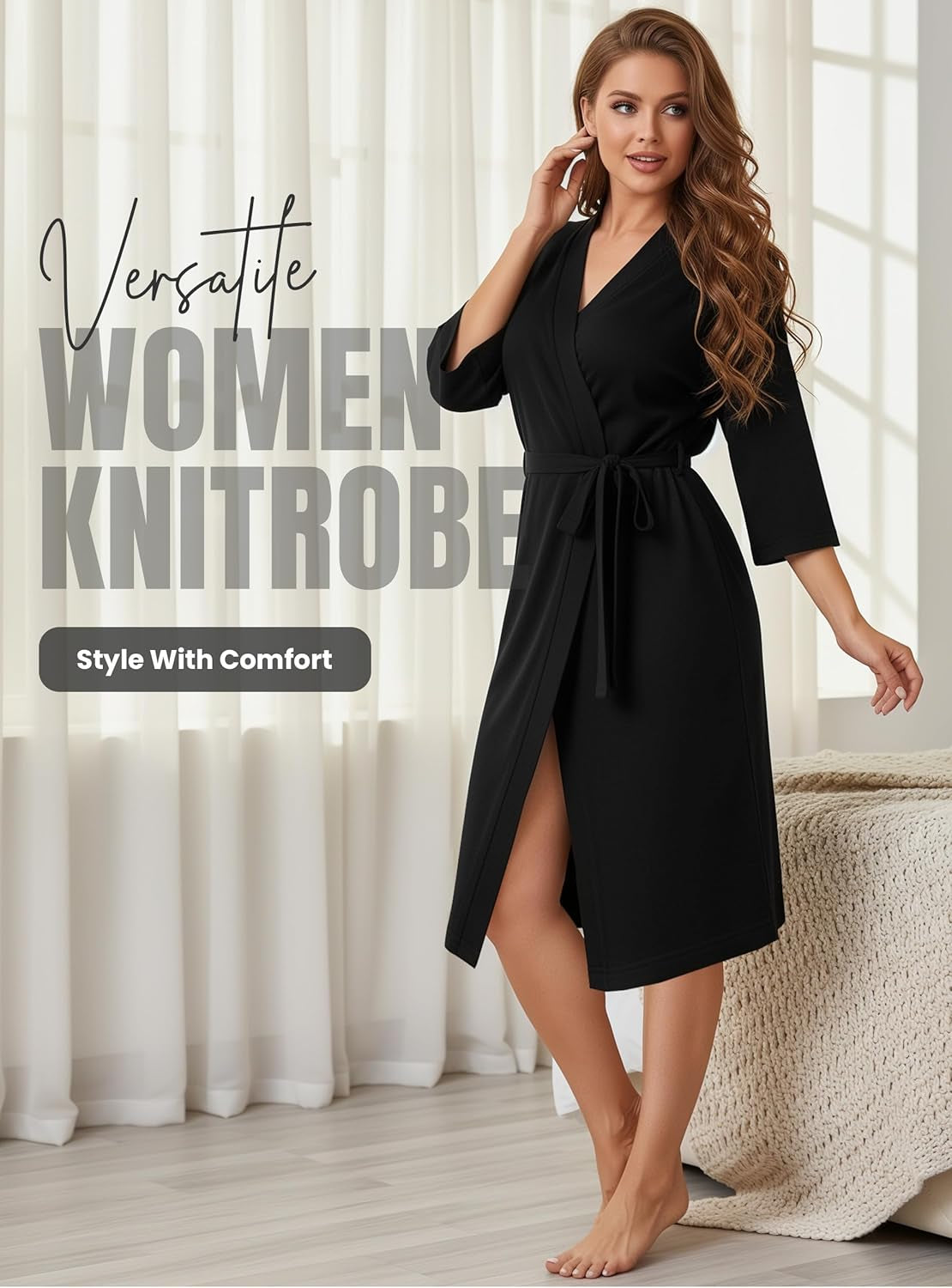 Women'S Robe Long Knit Bathrobe 3/4 Sleeves Soft Kimono Lightweight Loungewear