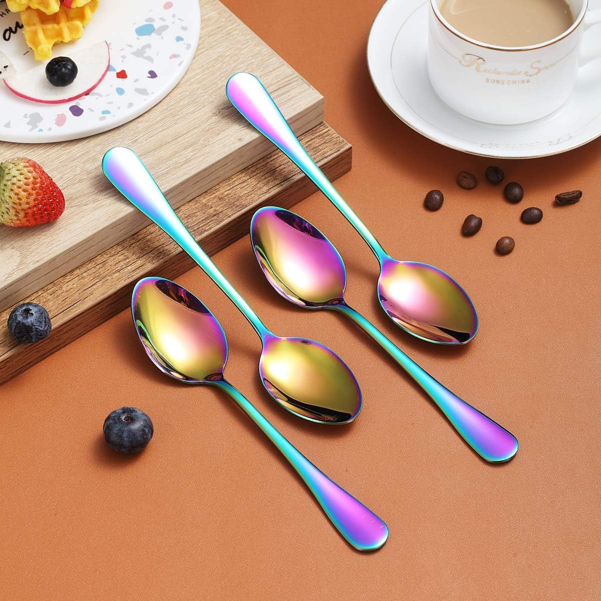 Set of 4 Rainbow Teaspoons, 6.5" Stainless Steel with Titanium Plating, Multi-Color Dessert Spoons, Easy to Clean and Dishwasher Safe