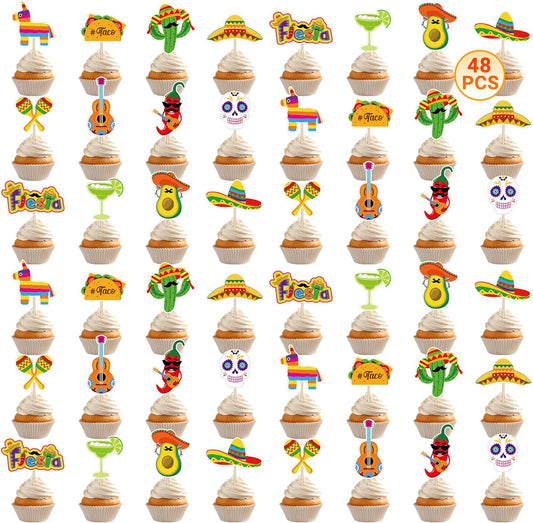 48 PCS Cinco De Mayo Cupcake Toppers, 12 Style Mexican Party Decorations, Chili Cactus Sombrero Printing Design Fiesta Cake Toppers Mexican Cupcake Picks, Cinco De Mayo Decor for Mexican Party