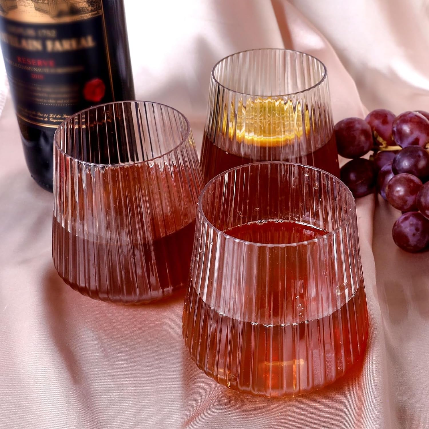 40 Pack Plastic Ribbed Wine Glasses, 14Oz Origami Disposable Wine Glasses Unbreakable Clear Plastic Cocktail Glasses Recyclable Shatterproof Reusable Wine Cups (NOT Dishwasher-Safe)