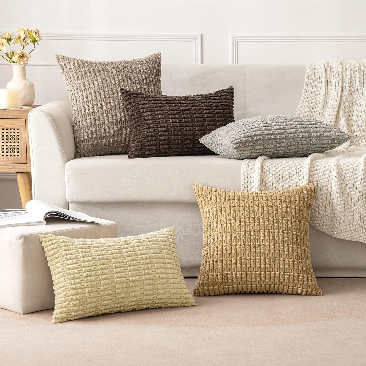 Set of 2 Soft Corduroy Decorative Throw Pillow Covers, 18x18 Inches, Boho Striped Design for Modern Farmhouse Home Decor, Light Brown